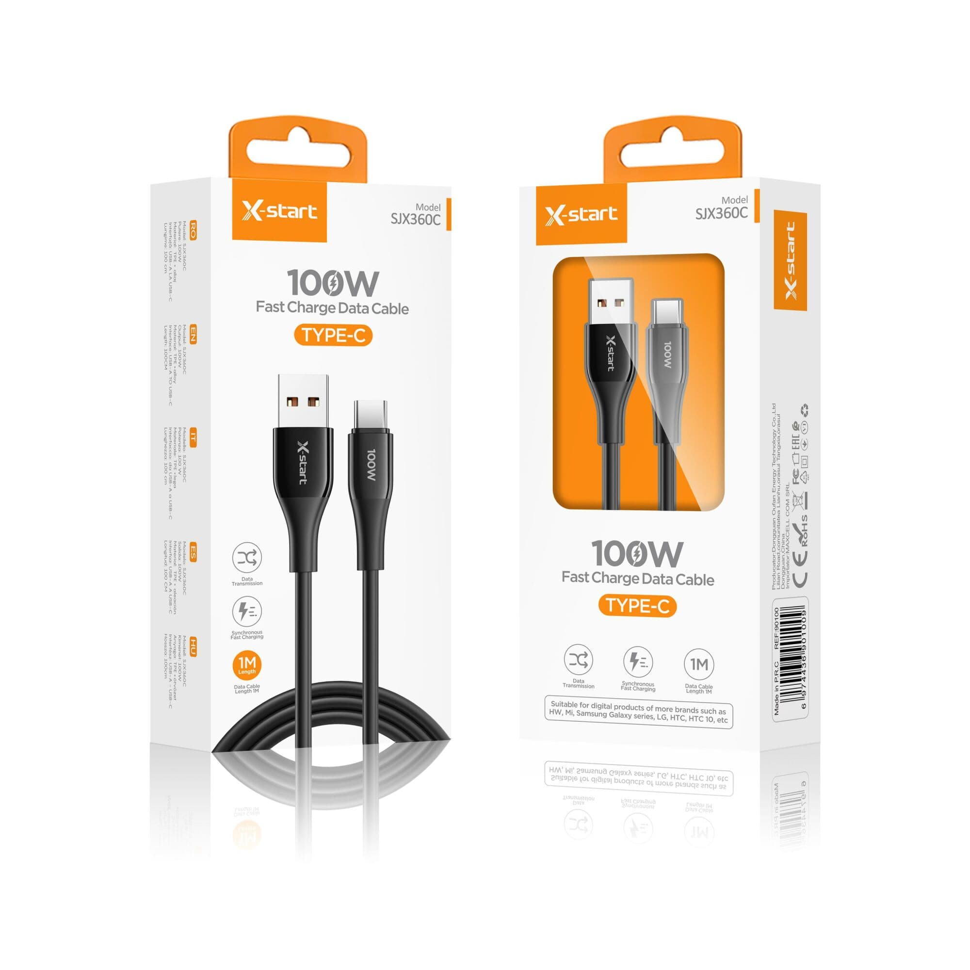 X-Start (SJX360C) - Cablu Date si Incarcare, USB-A la USB-C, 100W, 1m, Soft Texture, Black 1