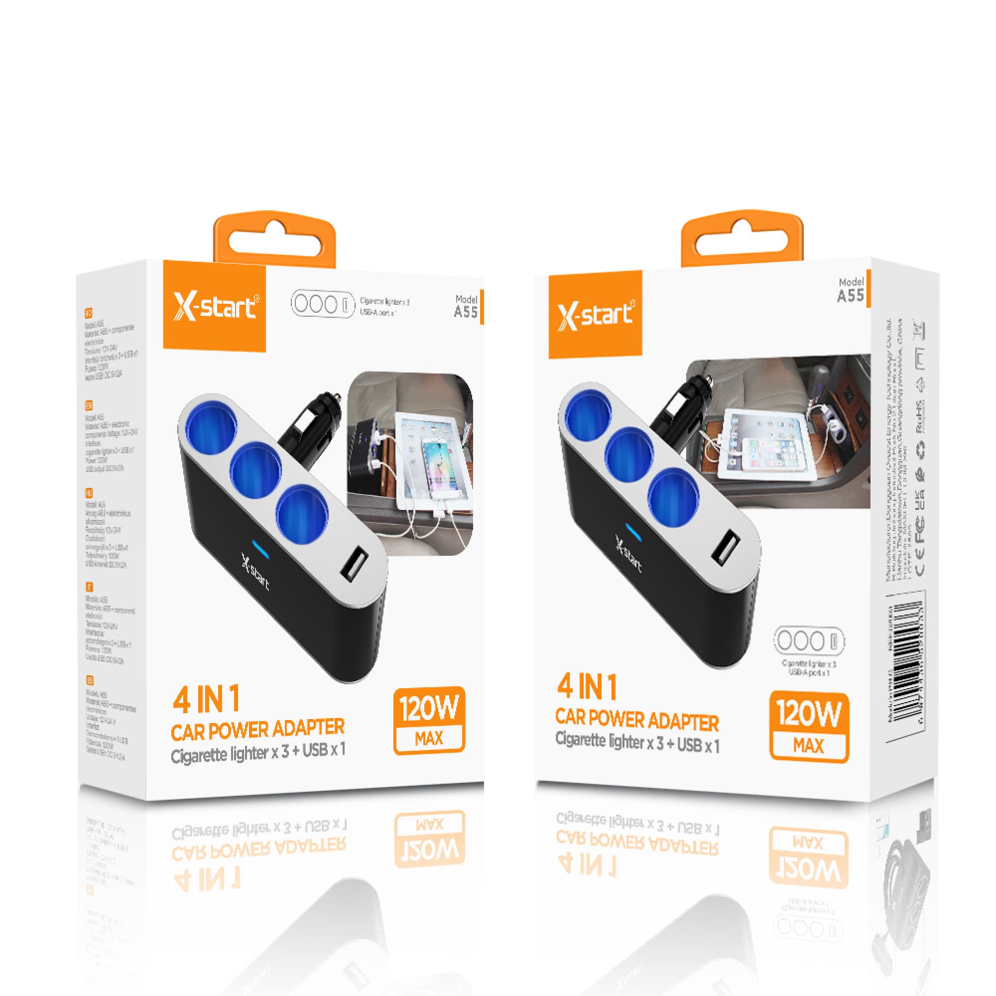 X-Start (A55) - Incarcator Auto, 4 in 1, 120W, 1xUSB-A, 3 Splitter, Black 1