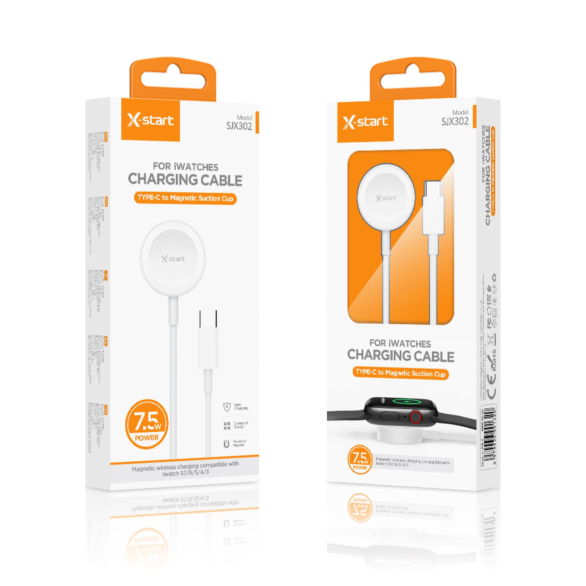 X-Start (SJX302) - Cablu incarcare iWatch, Seria 3/4/5/6/7, Wireless, Magnetic, 5W, USB-C, 1m, White 1
