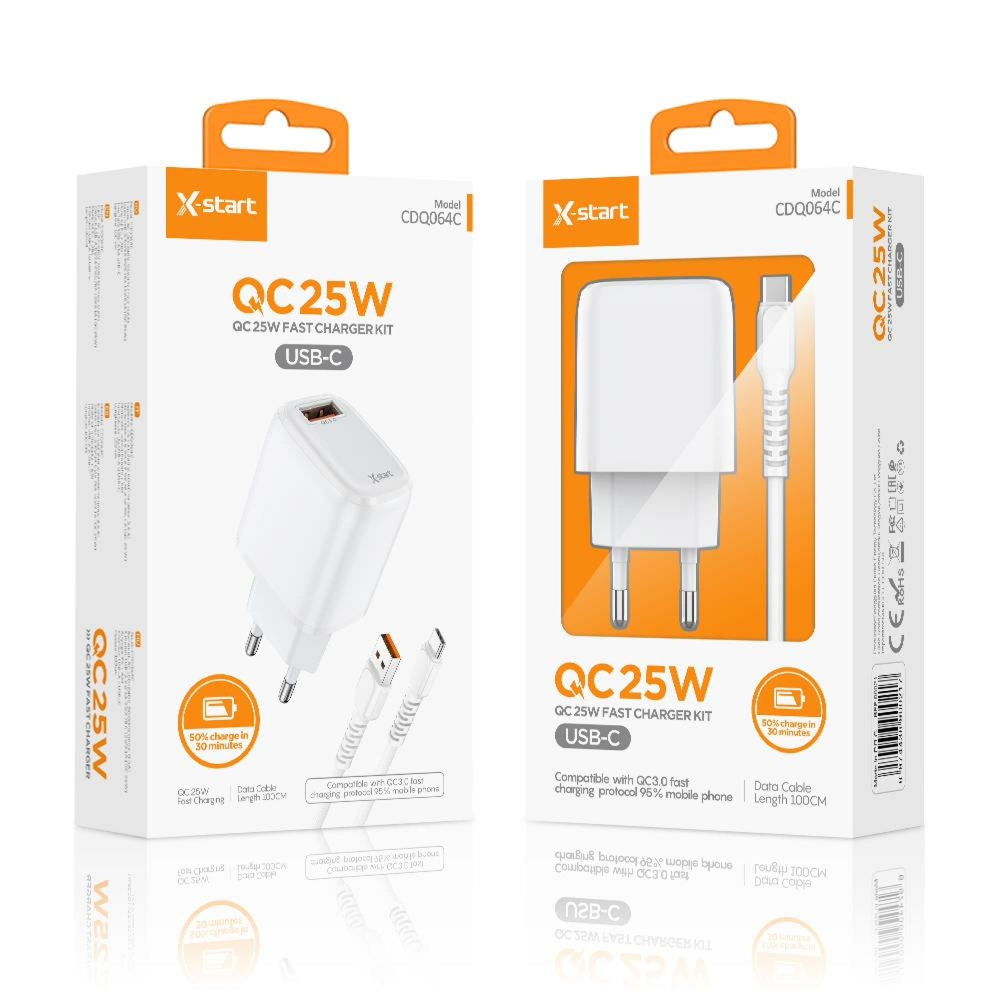 X-Start (CDQ064C) - Incarcator retea + Cablu USB-C, 25W, QC3.0, 1xUSB-A, SuperFast, White 1