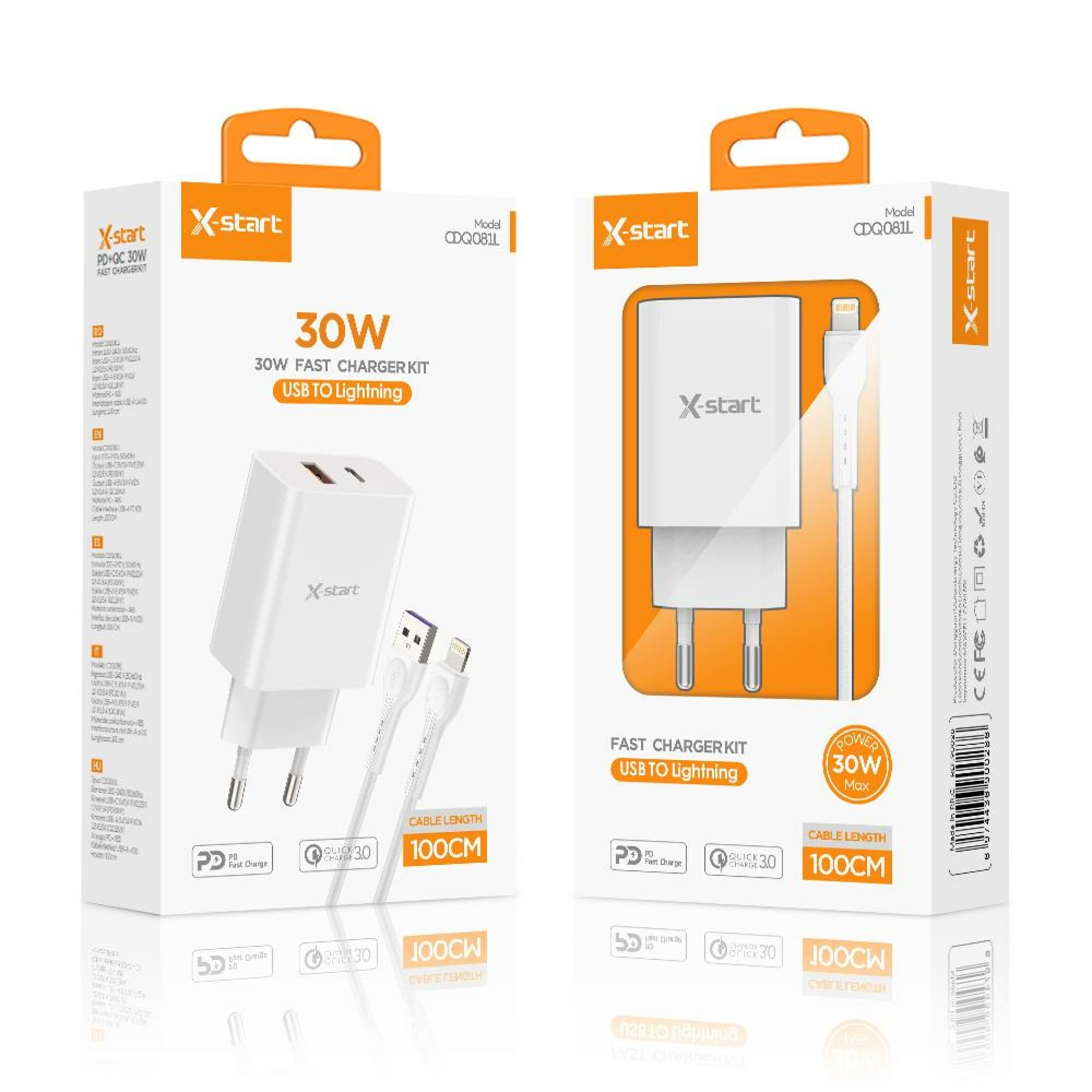 X-Start (CDQ081L) - Incarcator retea + Cablu Lightning la USB-A, 1xUSB-C, PD30W, 1xUSB-A, QC3.0, SuperFast, White 1