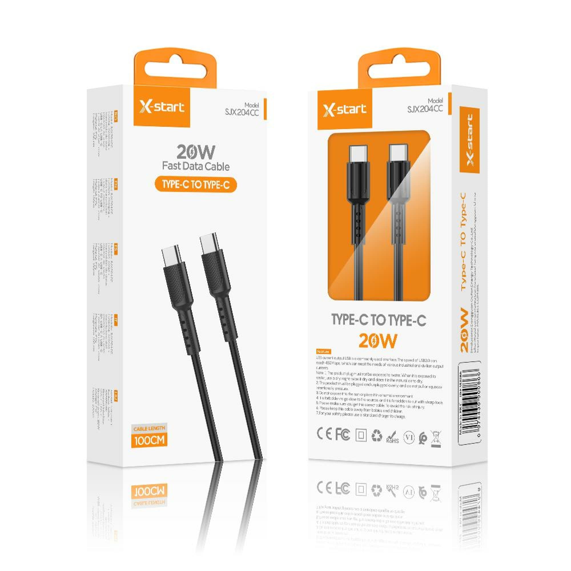 X-Start ( SJX204CC) - Cablu Date si Incarcare, USB-C, 20W, 1m, Basic Texture, Black 1