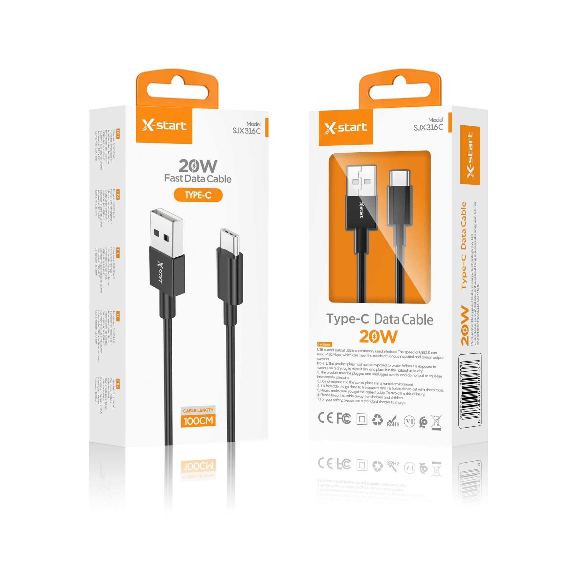 X-Start (SJX316C) - Cablu Date si Incarcare, USB-A la USB-C, 20W, 1m, Black 1