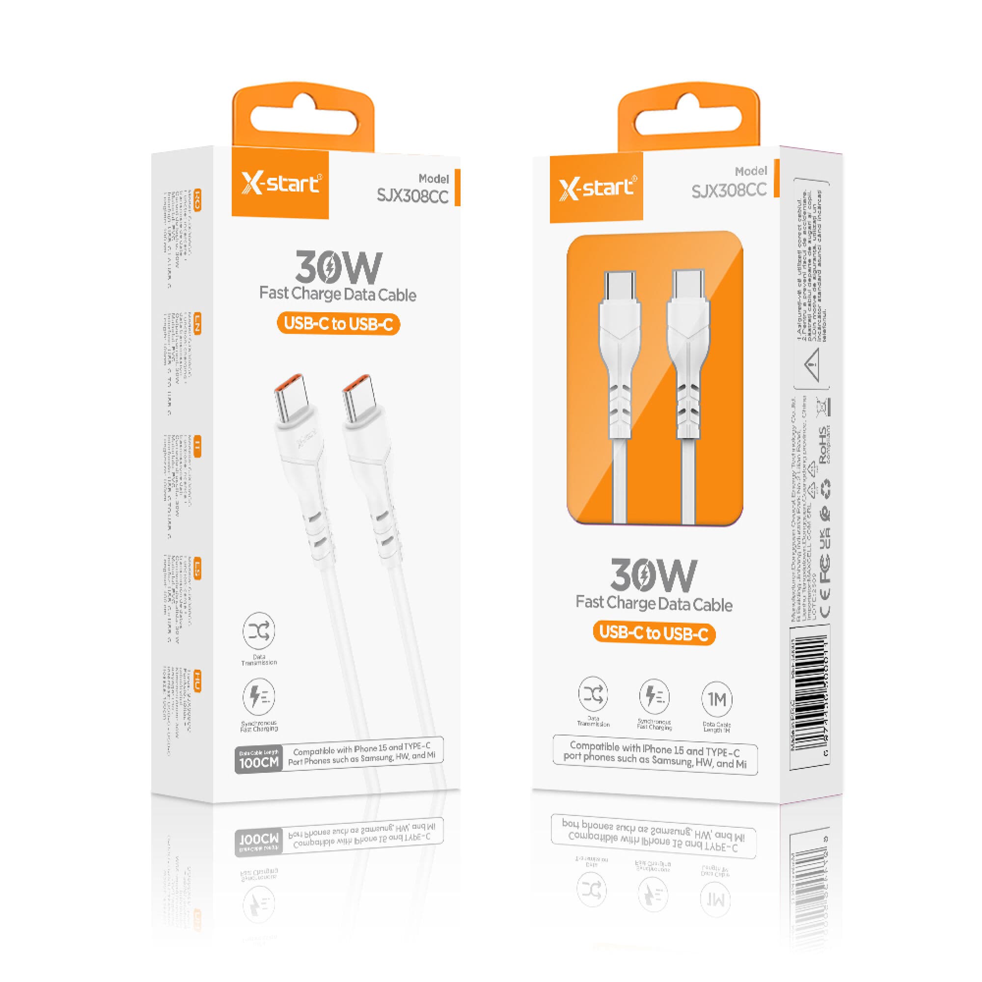 X-Start ( SJX338CC) - Cablu Date si Incarcare, USB-C la USB-C, 3A, 60W, 1m, White 1
