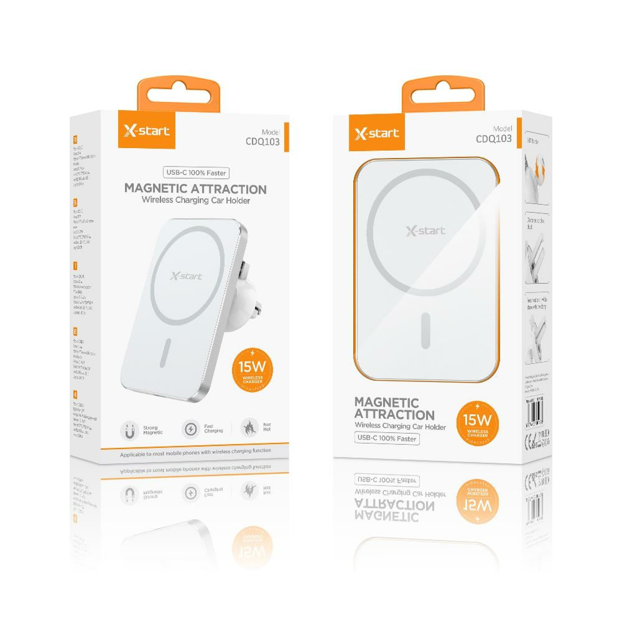 X-Start (CDQ103) - Suport auto cu incarcare Wireless, Magnetic, 15W, cablu USB-A, 1m, White 1
