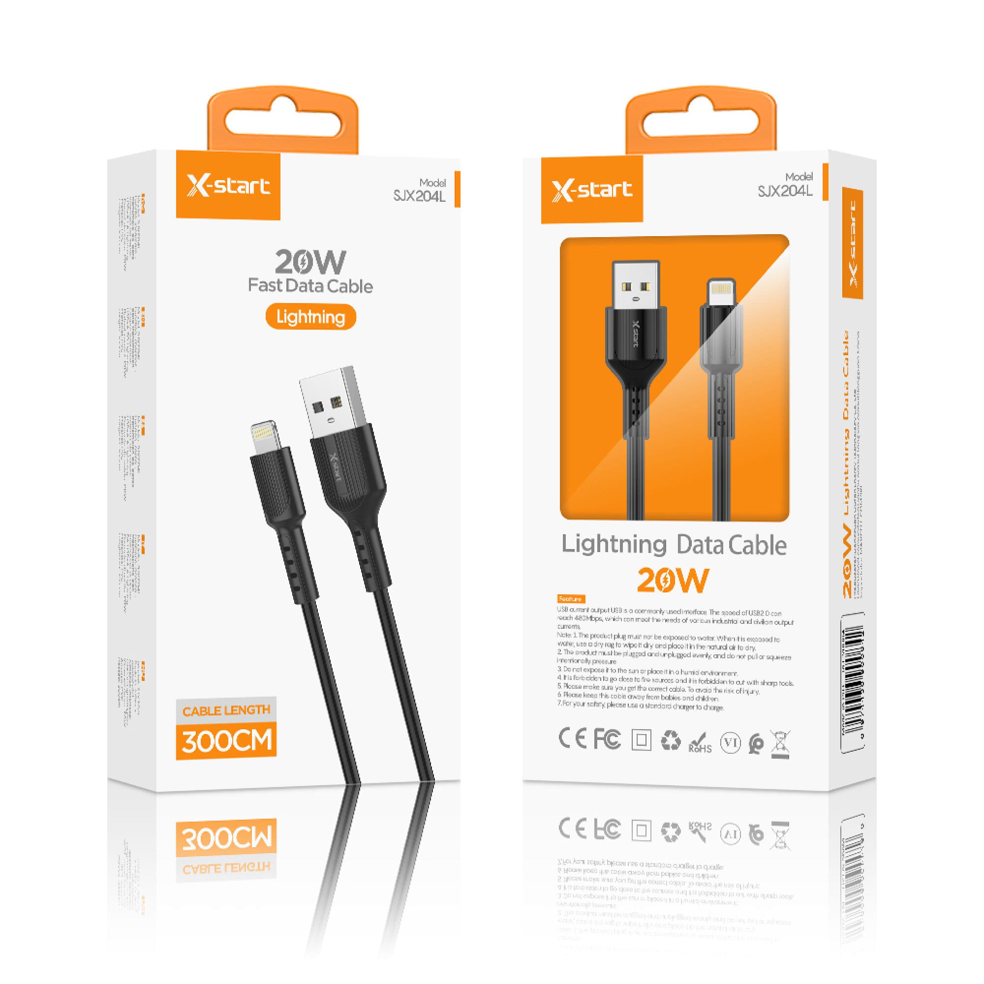 X-Start (SJX204L) - Cablu Date si Incarcare, USB-A la Lightning, 20W, 3m, Basic Texture, Black 1
