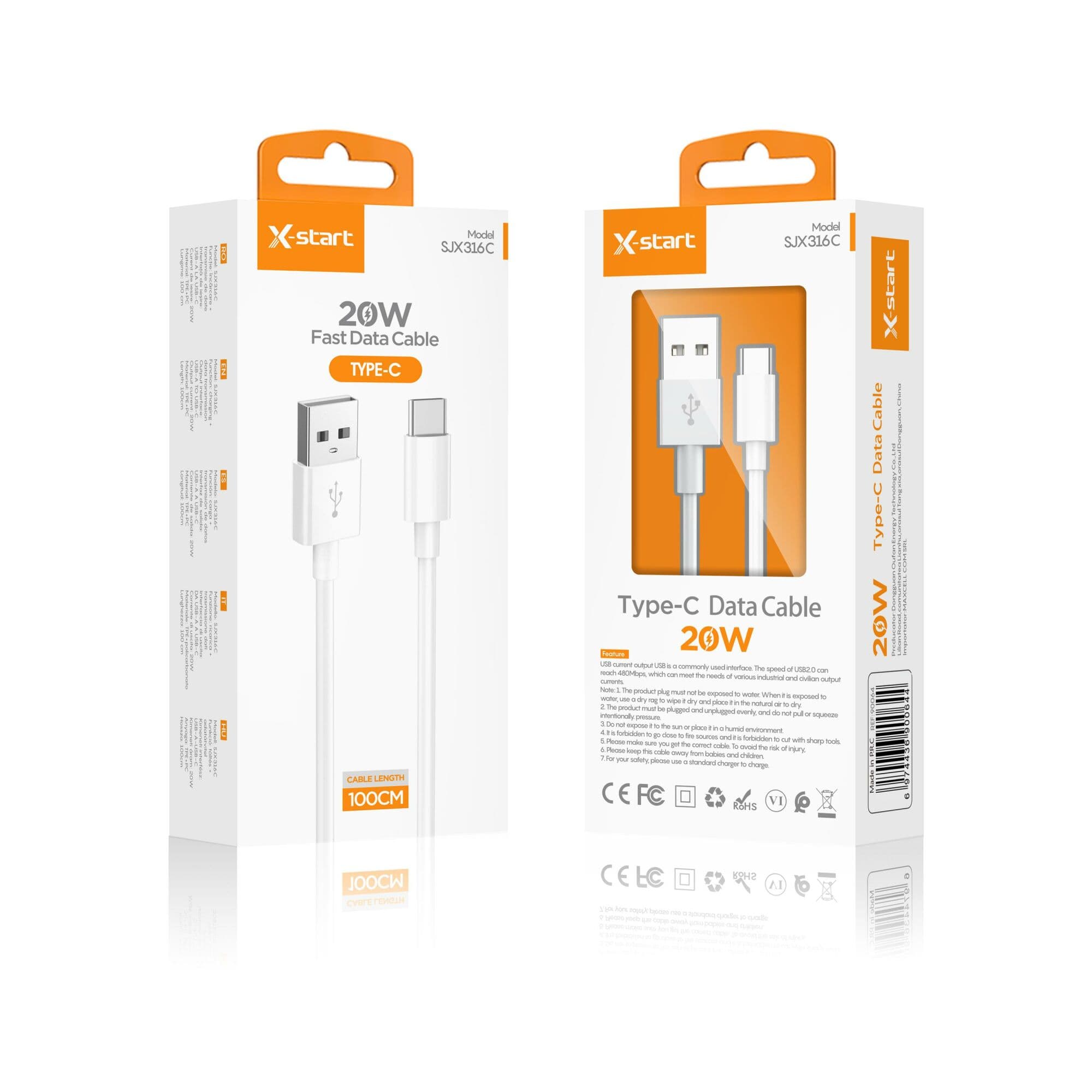 X-Start (SJX316C) - Cablu Date si Incarcare, USB-A la USB-C, 20W, 1m, White 1