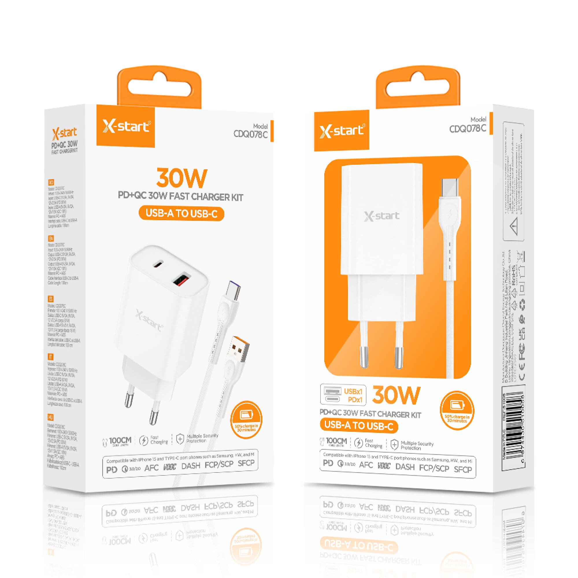 X-Start (CDQ078C) - Incarcatoare Retea cu Cablu, 30W,1xUSB-C, 1XUSB-A, FastCharger, White 1
