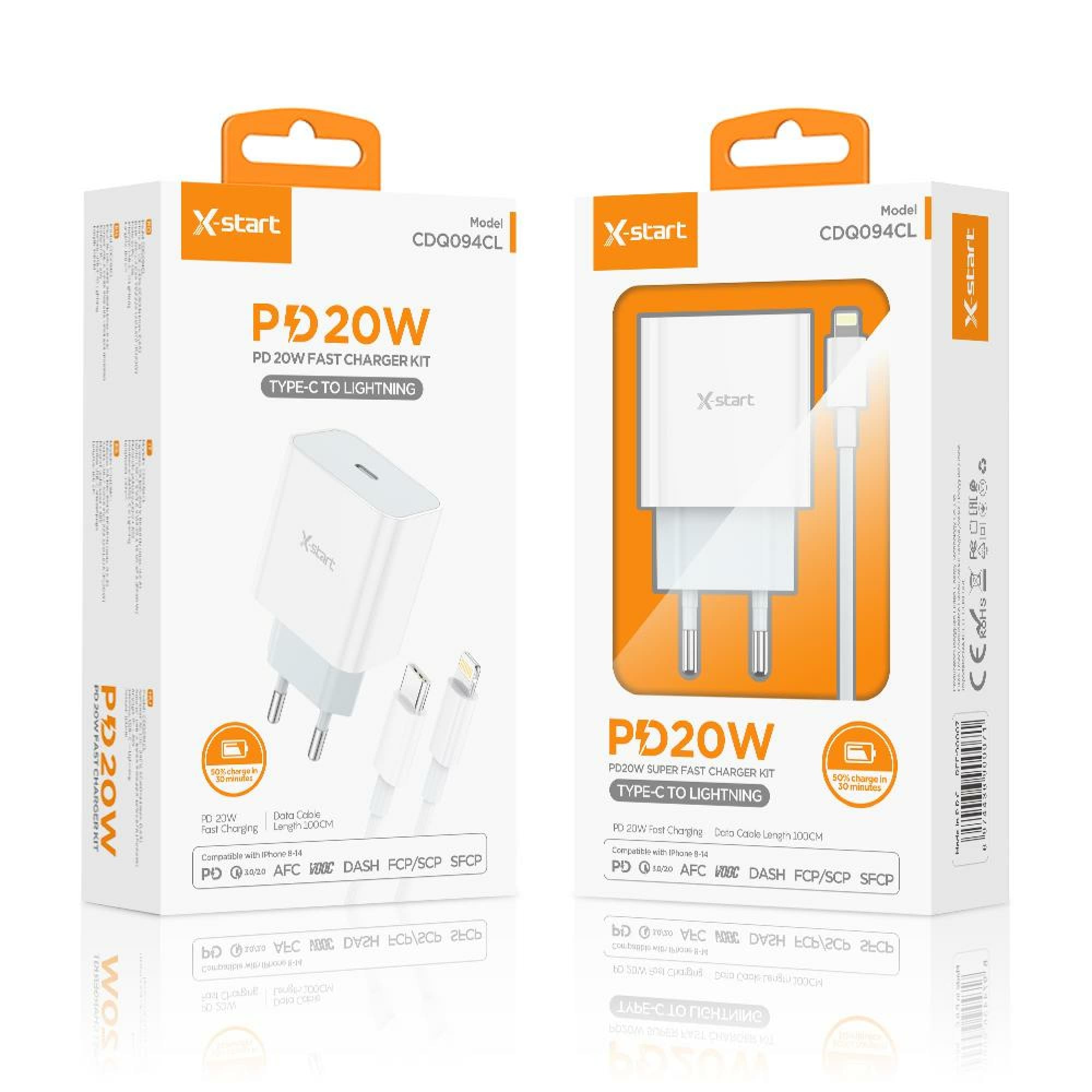X-Start (CDQ094CL) - Incarcator retea + Cablu Lightning, PD20W, 3A, 1xUSB-C, SuperFast, White 1