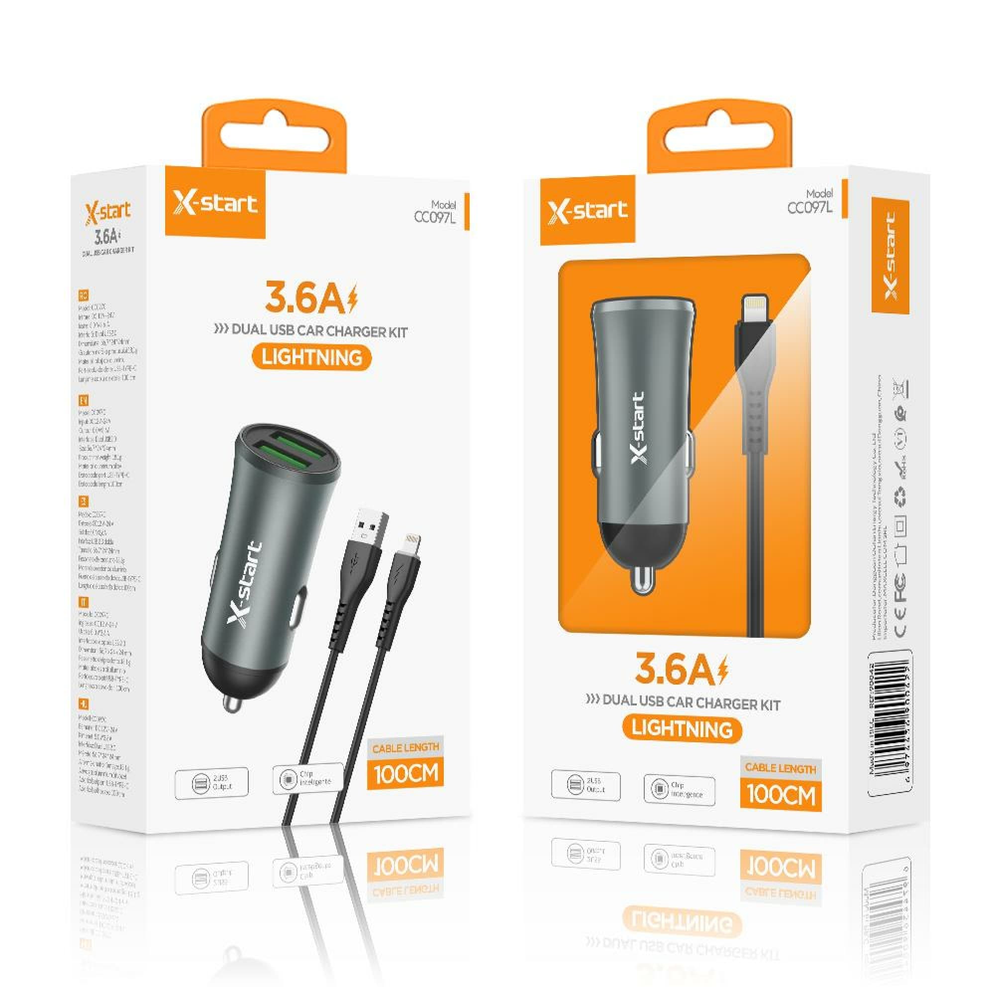 X-Start (CC097L) - Incarcator auto + Cablu Lightning, 2xUSB-A, 5V,3.6A , 1m, Gray+Black 1