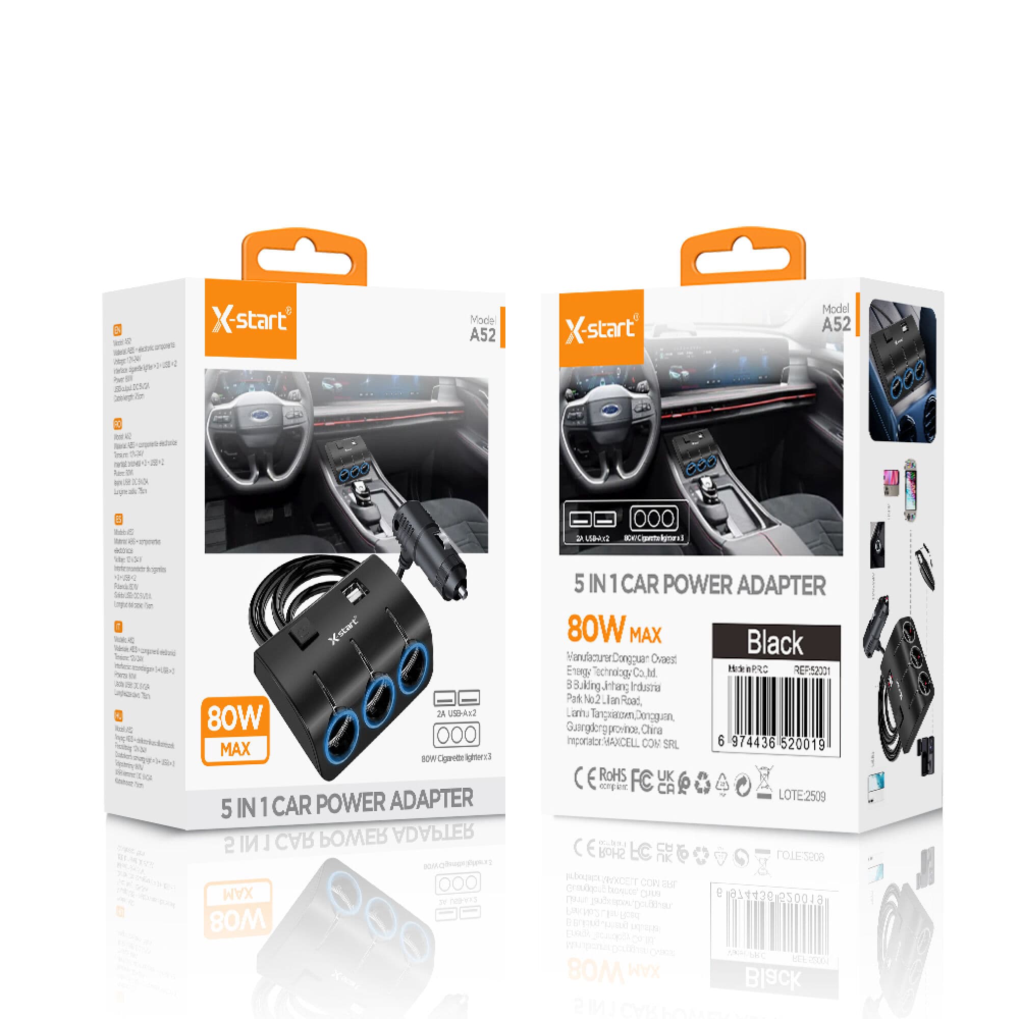 X-Start (A52) - Incarcator Auto, 5 in 1, 80W, 2xUSB-A, 3 Splitter, Black 1