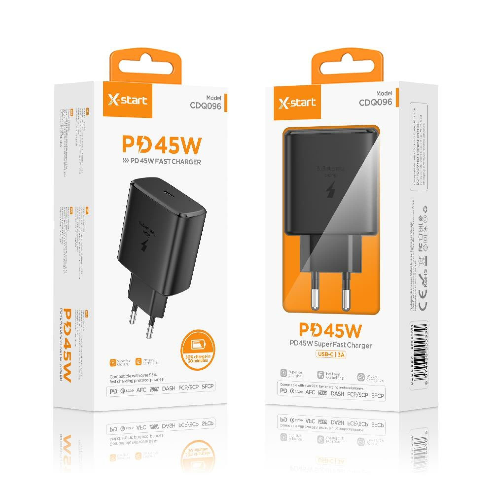 X-Start (CDQ096) - Incarcator Priza, PD45W, USB-C, 5V, 3A, SuperFast, Black 1