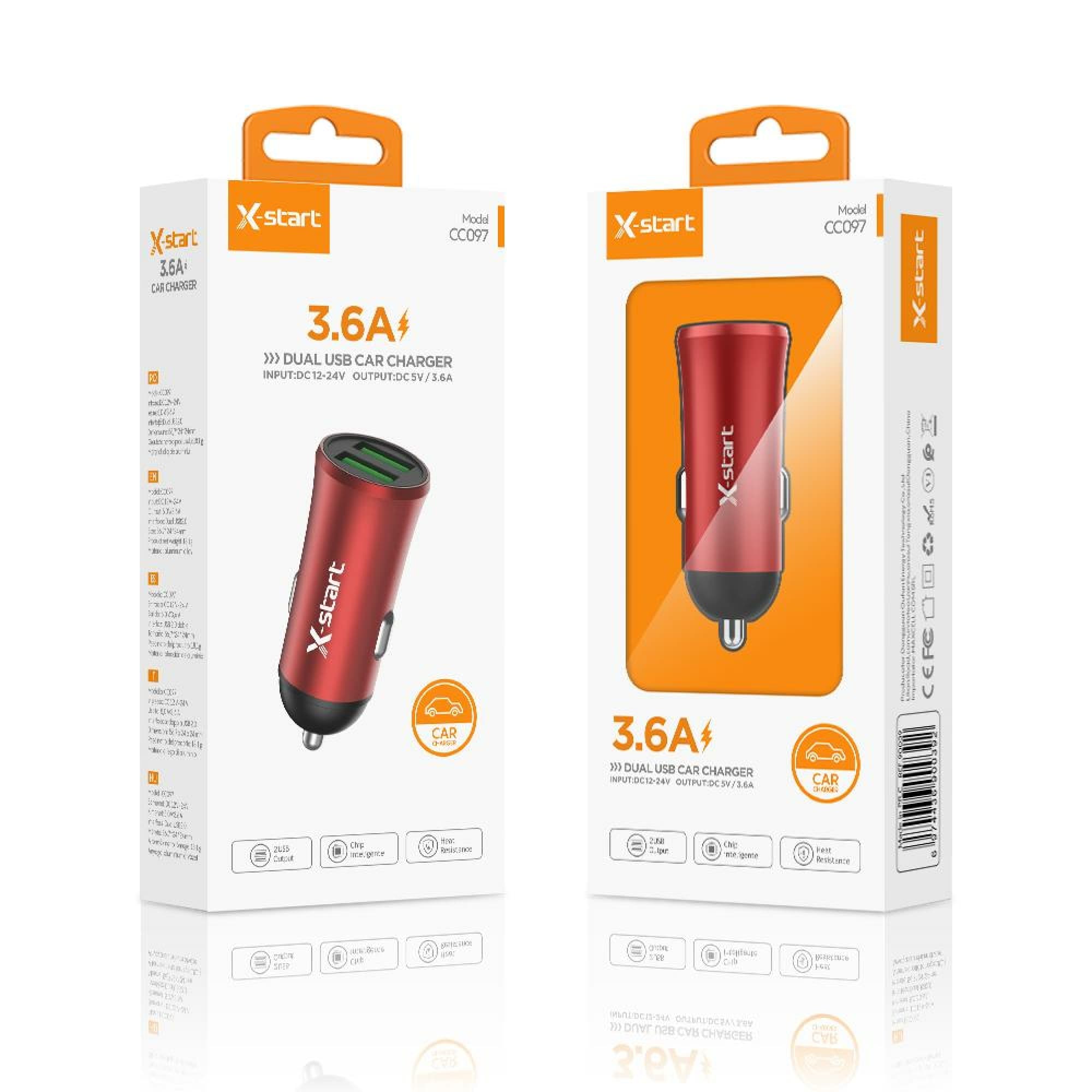 X-Start (CC097) - Incarcator auto,2xUSB-A,5V,3.6A ,Red 1
