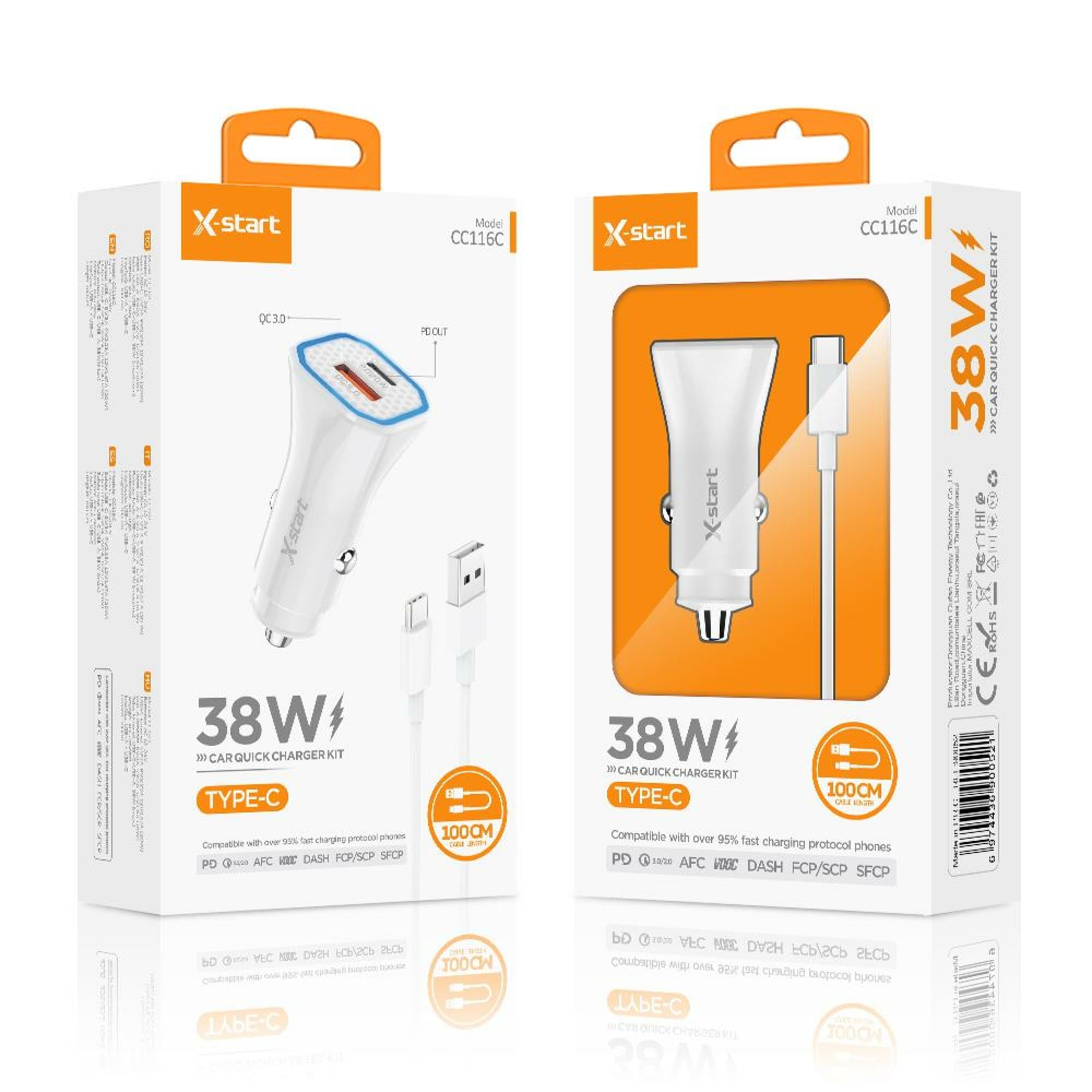X-Start (CC116C) - Incarcator auto + Cablu USB-A la USB-C,38W, 1xUSB-C, 1xUSB-A, QC 3.0, 1m,White 1