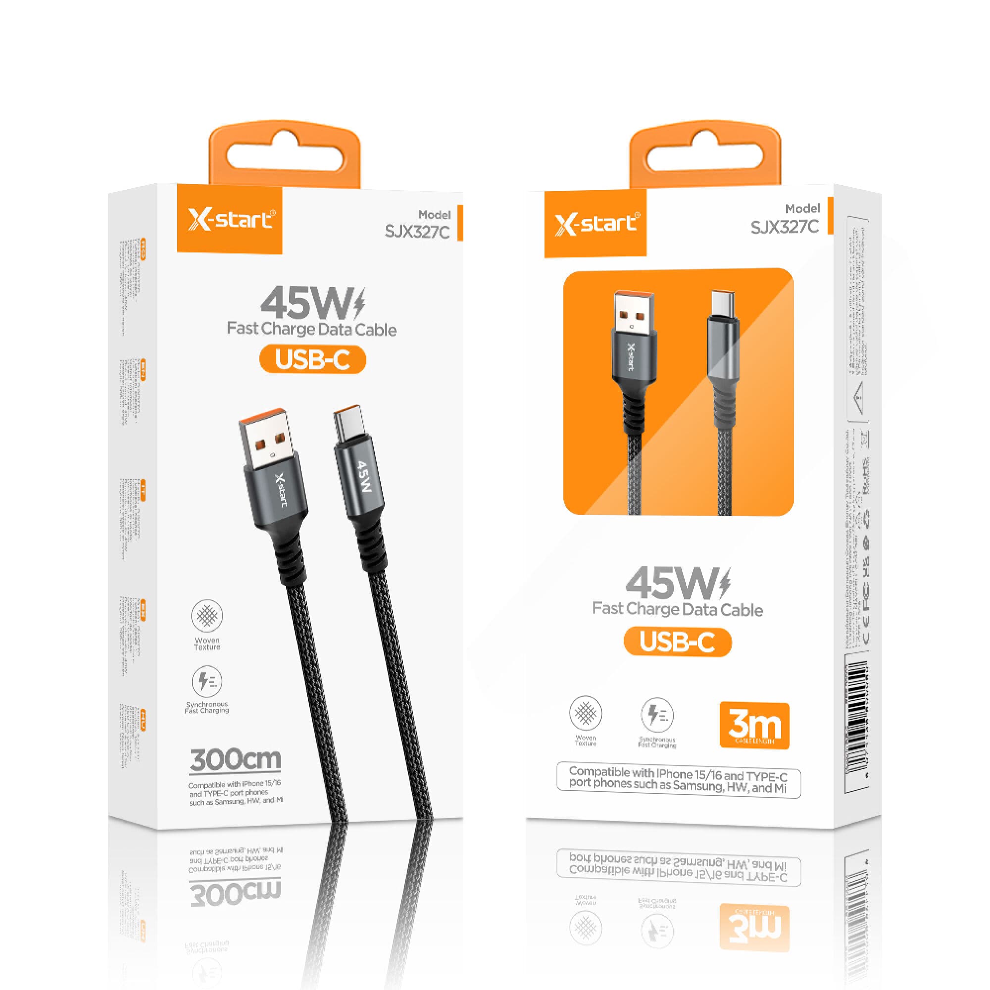 X-Start (SJX327C) - Cablu Date si Incarcare, USB-A la USB-C, 45W, 3m, Black 1