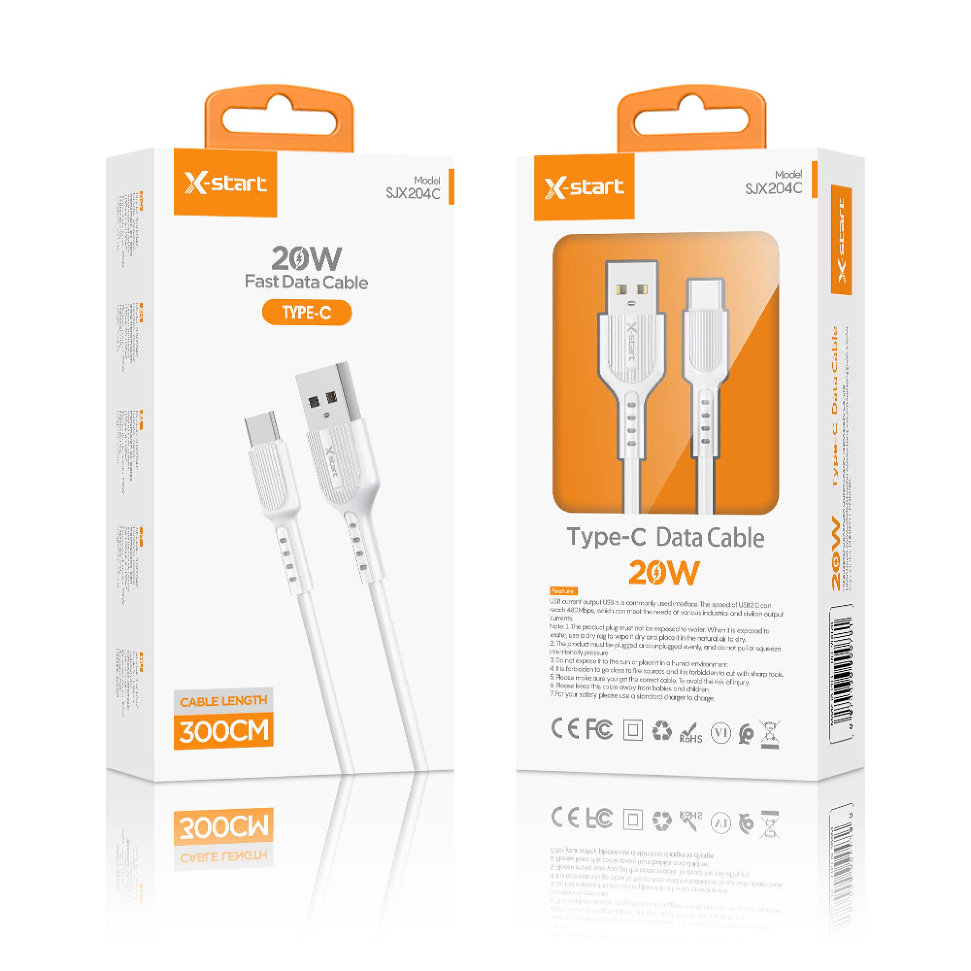X-Start ( SJX204CC) - Cablu Date si Incarcare, USB-C, 20W, 3m, Basic Texture, White 1