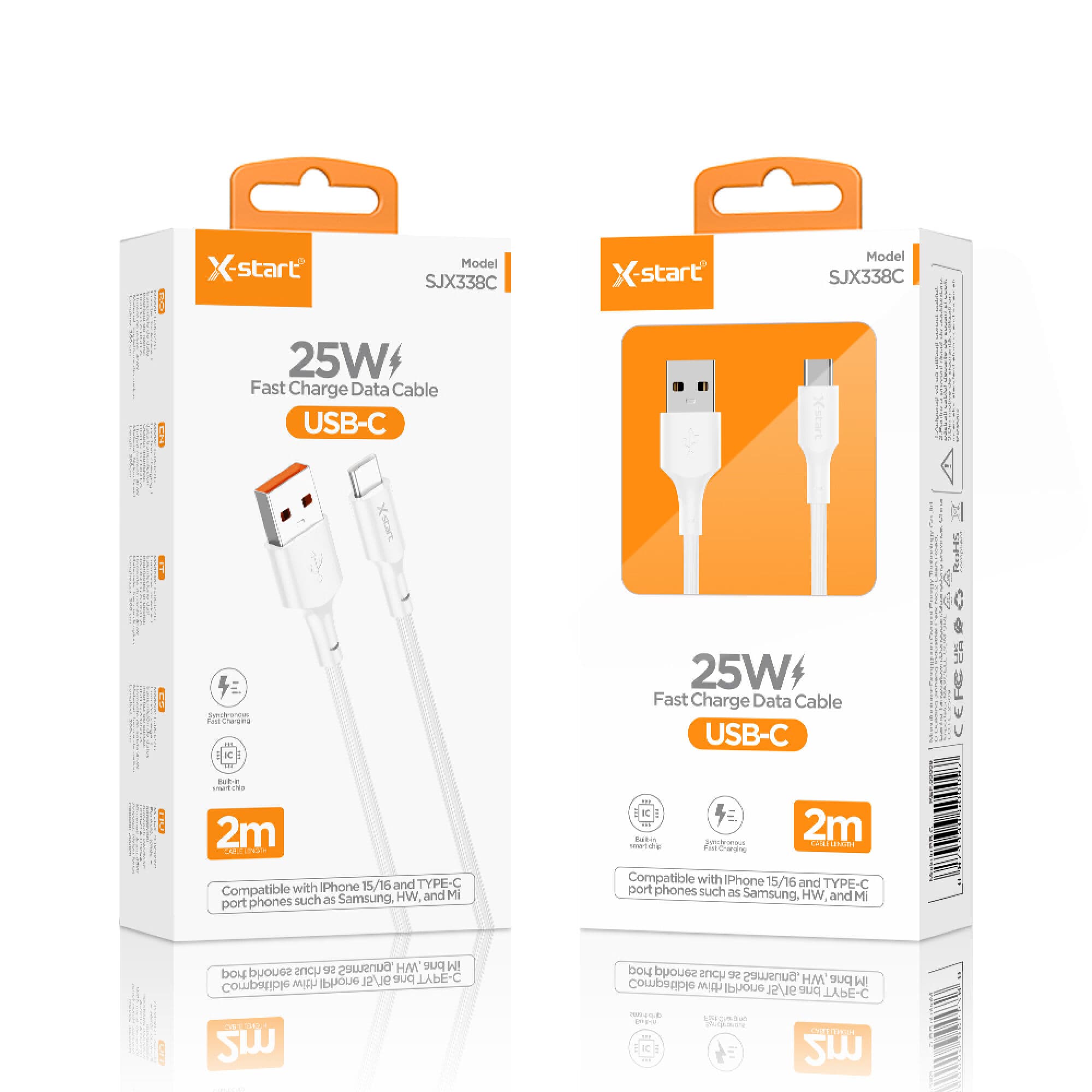 X-Start ( SJX338C) - Cablu Date si Incarcare, USB-A la USB-C, 3A, 25W, 2m, White 1