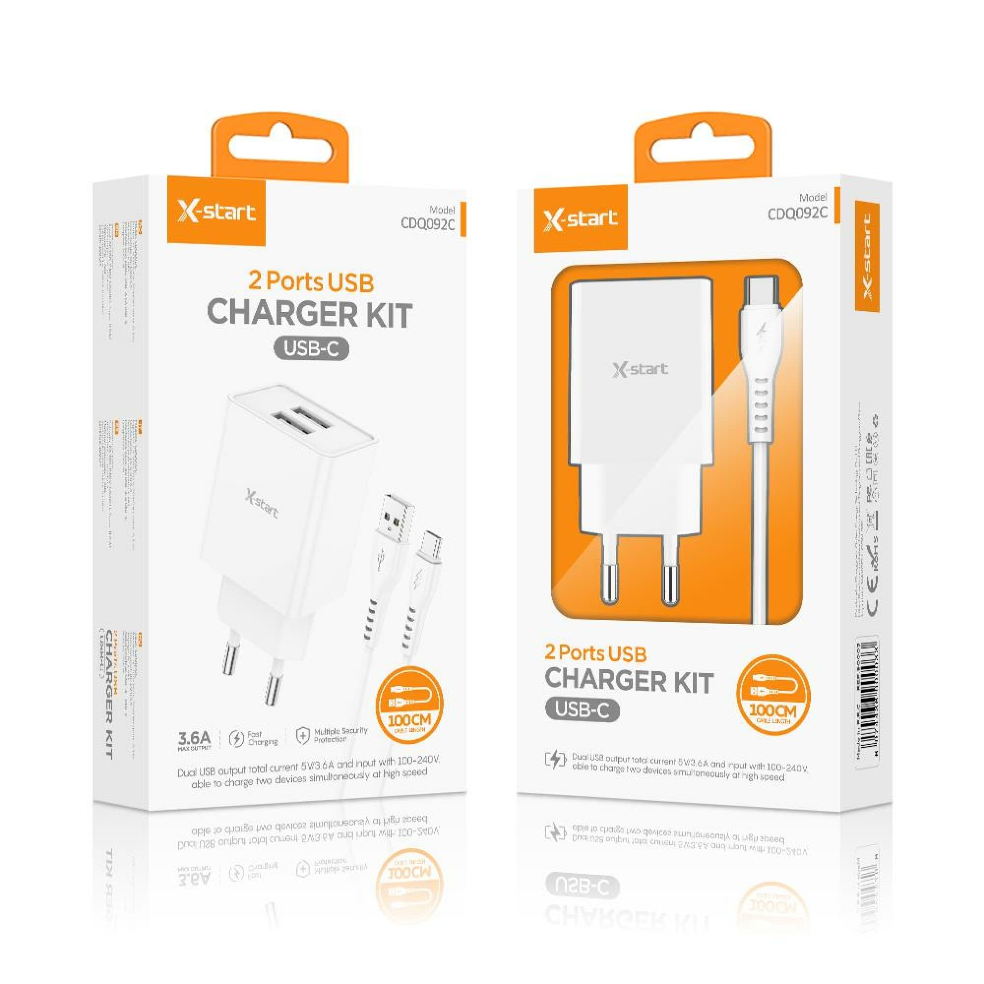 X-Start (CDQ092C) - Incarcator retea + Cablu USB-C, 3.6A,5V, 2xUSB-A, White 1