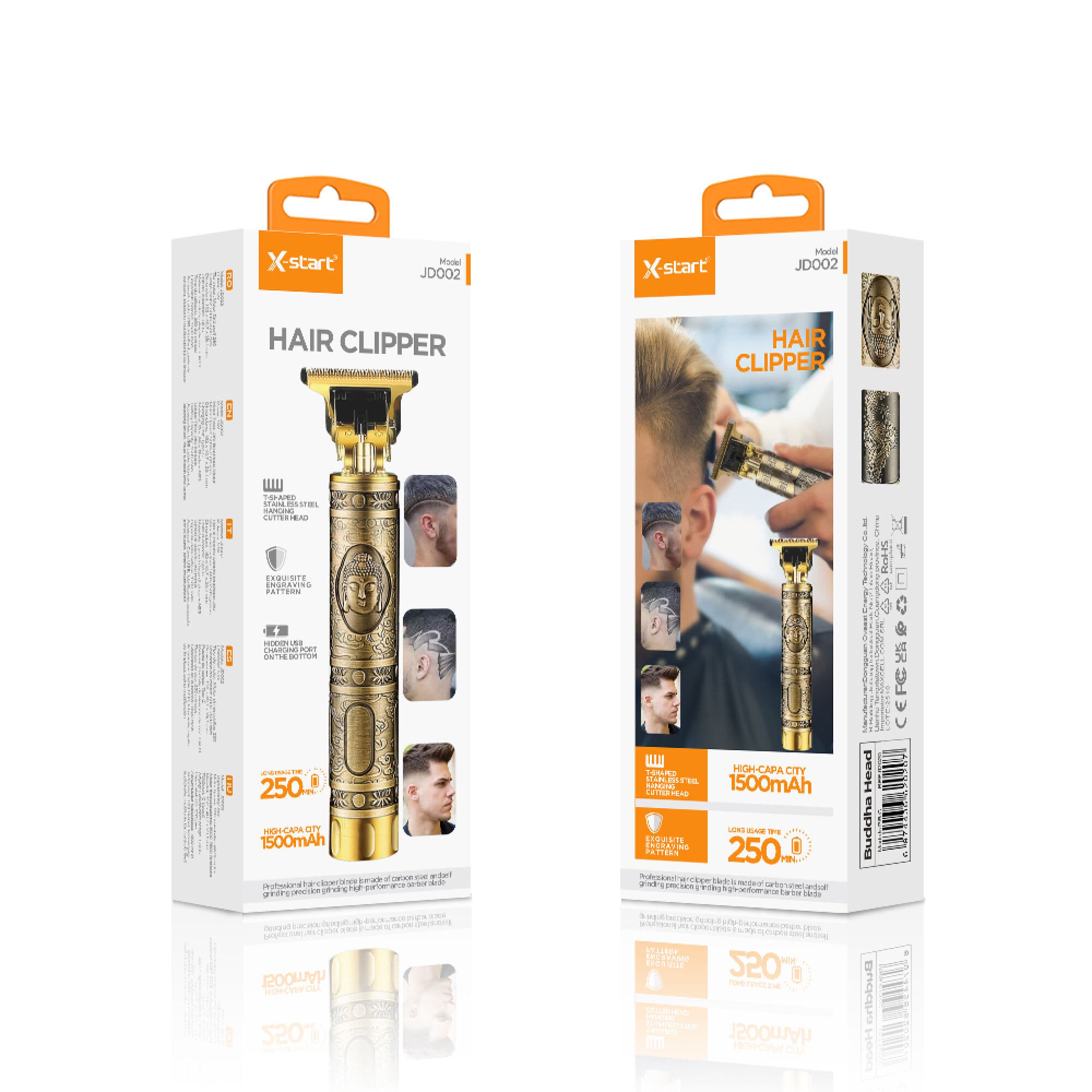 X-Start (JD002) - Aparat de tuns, Hair Clipper, Portabil, 1500mAh, 7000RPM, 2 distantiere, Gold 1
