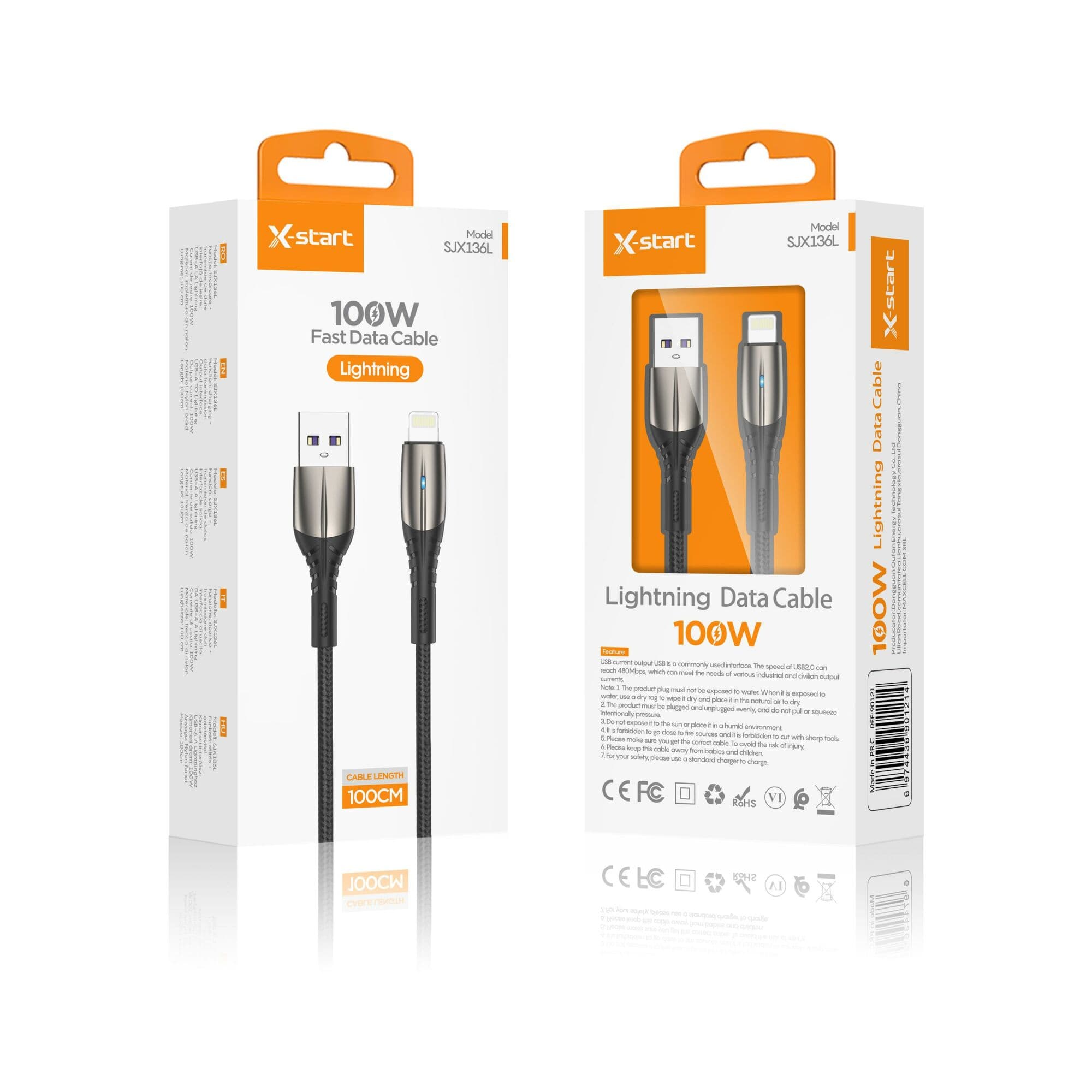 X-Start (SJX136L) - Cablu Date si Incarcare, USB-A la Lightning, 100W, 1m, SuperFast, Braided, Iron Black 1
