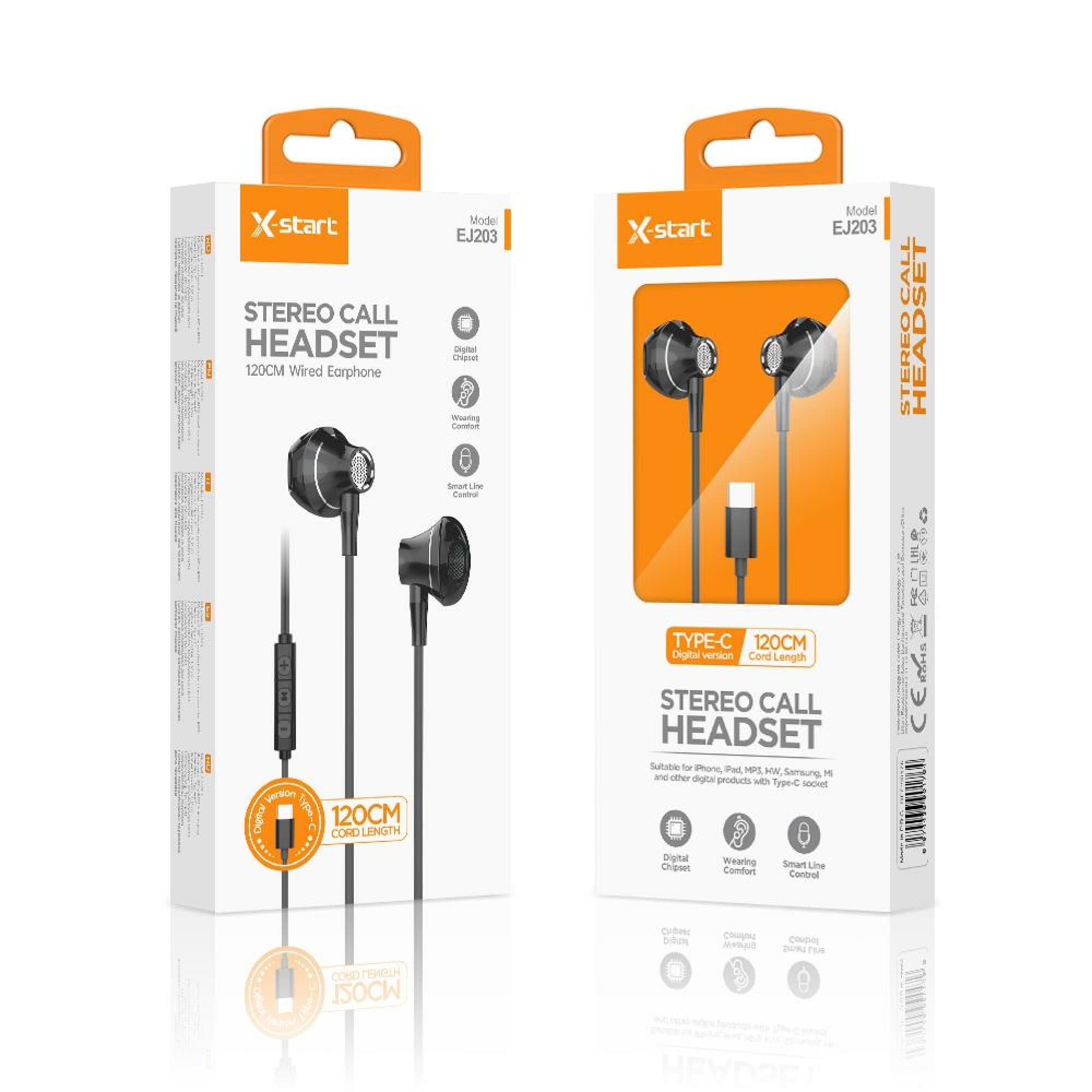 X-Start (EJ203) - Casti cu Fir, In Ear, USB-C, 1.2m, Mic &amp; Volume Key, 15 Series, Metallic, Balck 1