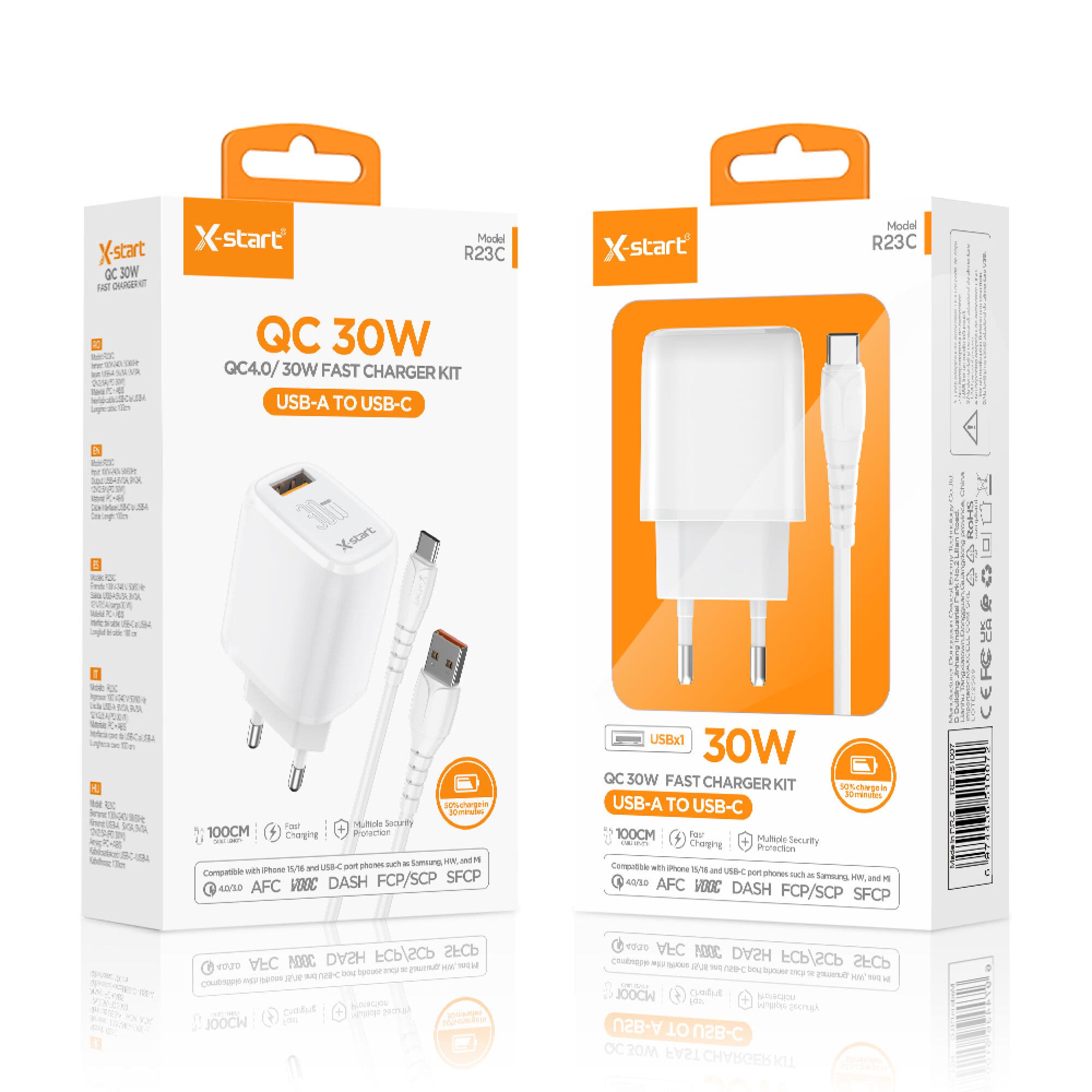 X-Start (R23C) - Incarcatoare Priza cu Cablu, 1xUSB-A, 30W, QC4.0, FastCharger, White 1
