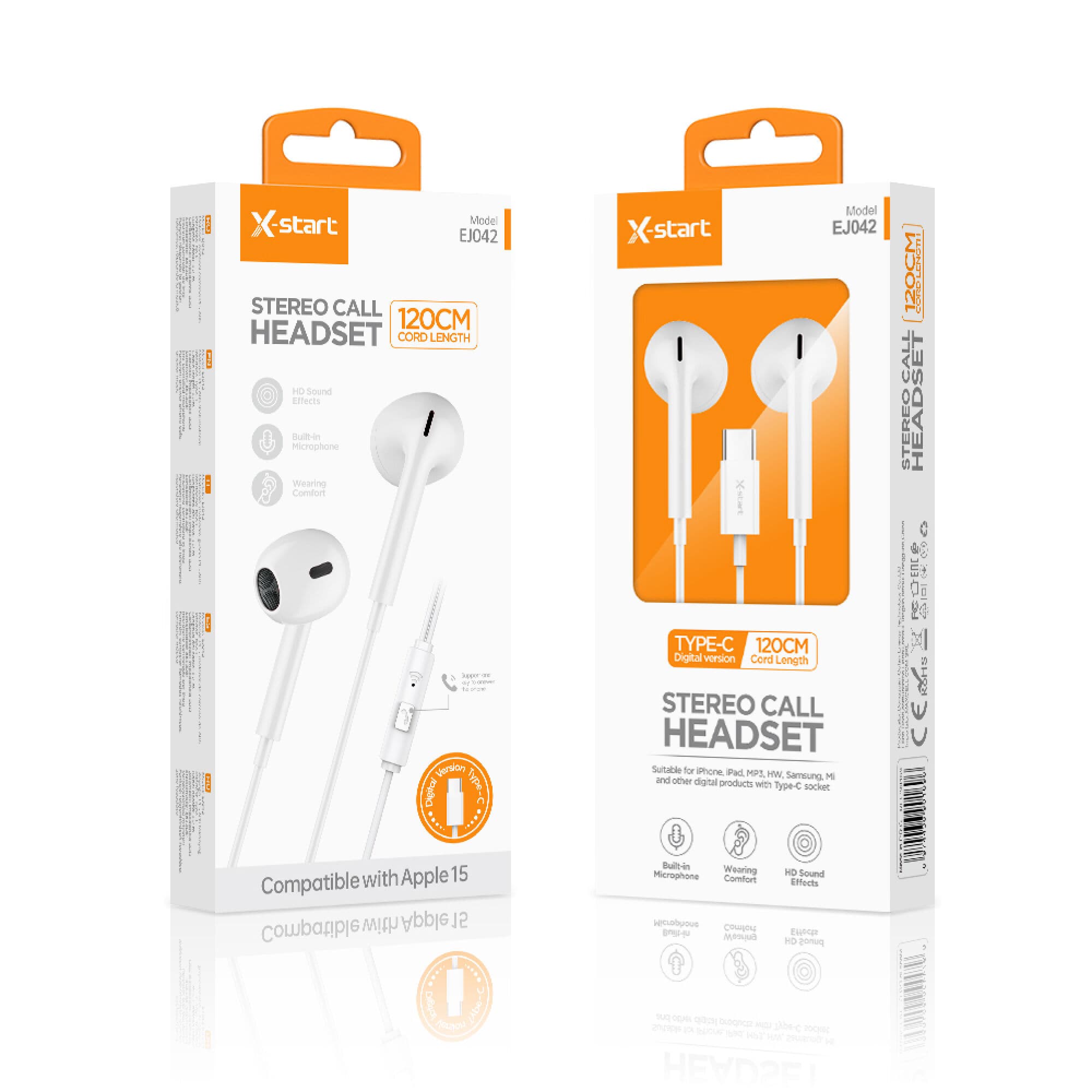 X-Start (EJ042) - Casti cu Fir, In Ear, USB-C, 1.2m, Mic &amp; Volume Key, 15 Series, Digital, White 1