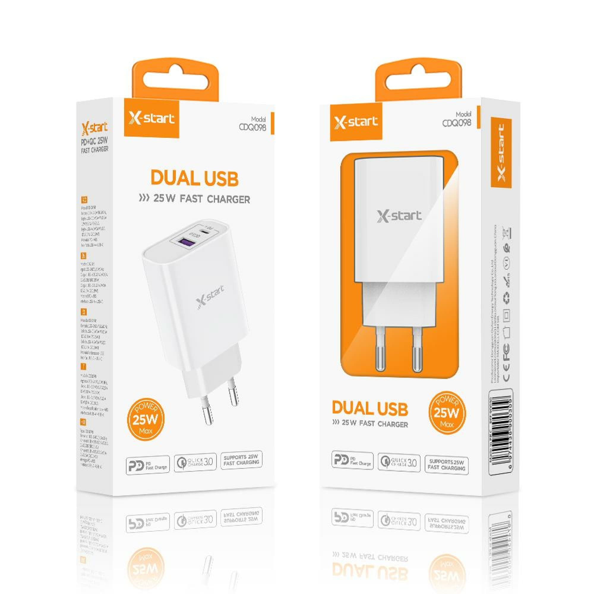 X-Start (CDQ098) - Incarcator Priza, 1xUSB-C, PD25W, 1xUSB-A, 18W, QC3.0, SuperFast, White 1