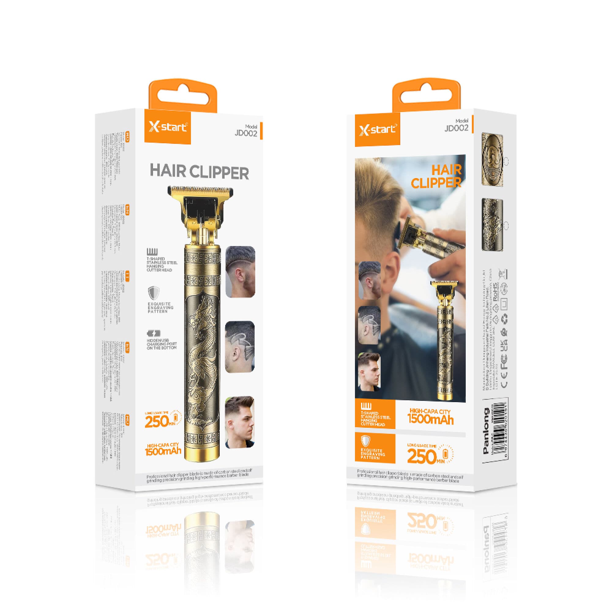 X-Start (JD002) - Aparat de tuns, Hair Clipper, Portabil, 1500mAh, 7000RPM, 2 distantiere, Gold/Black 1