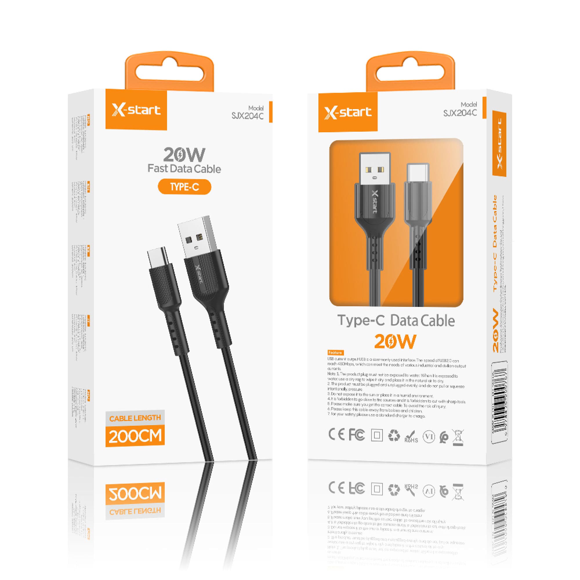 X-Start (SJX204C) - Cablu Date si Incarcare, USB-A la USB-C, 20W, 2m, Classic Texture, Black 1