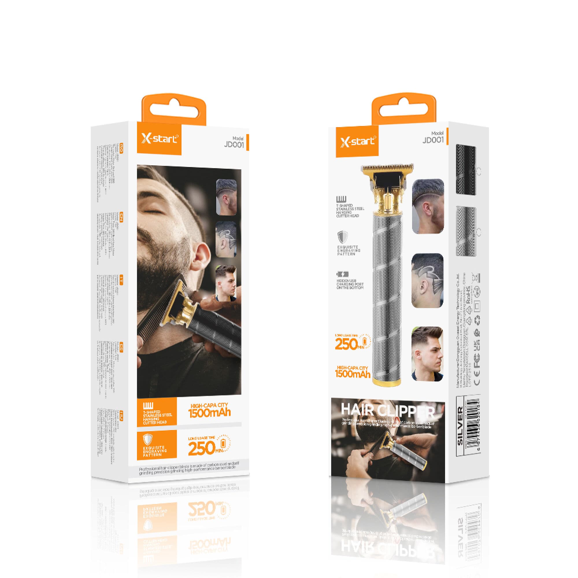X-Start (JD001) - Aparat de tuns, Hair Clipper, Portabil, 1500mAh, 7000RPM, 2 distantiere, Silver 1