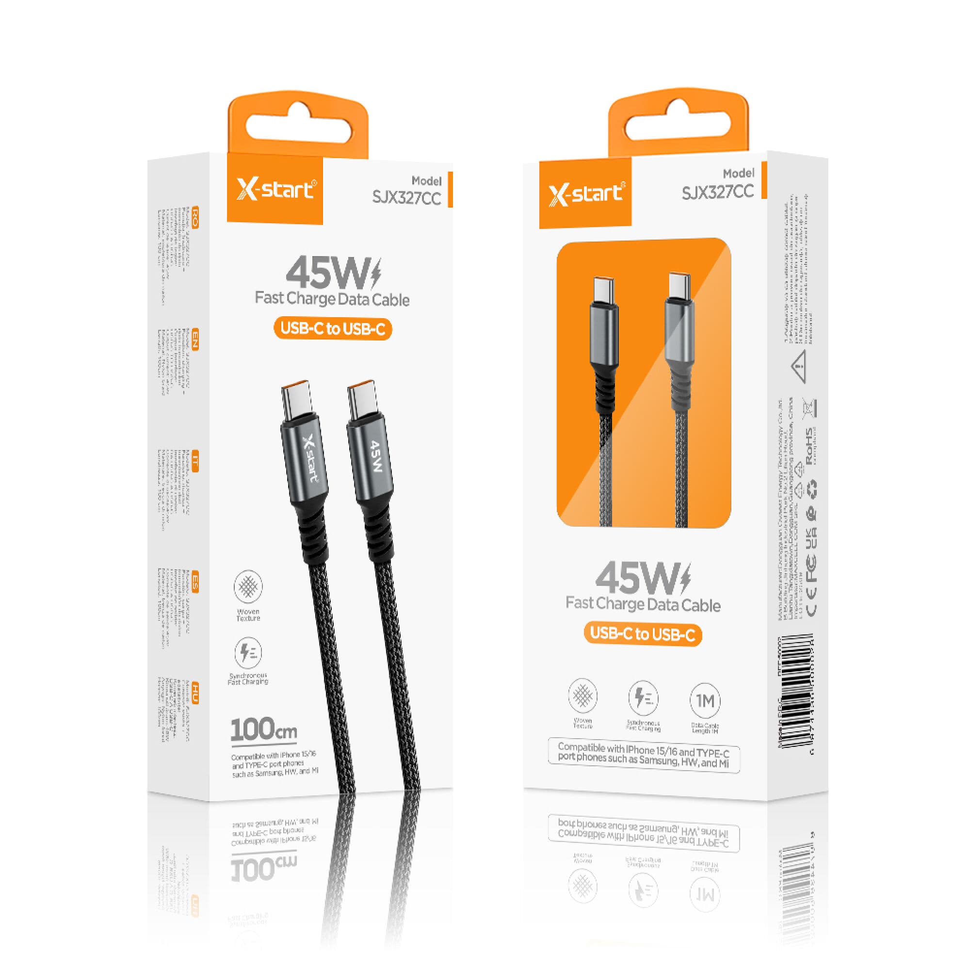 X-Start (SJX327CC) - Cablu Date si Incarcare, USB-C la USB-C,45W,1m, Black 1