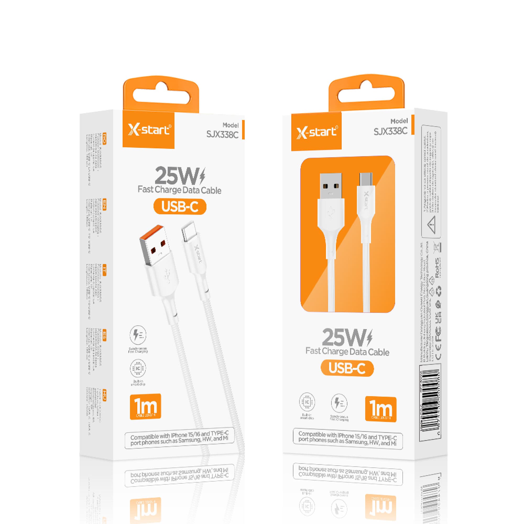 X-Start (SJX338C) - Cablu Date si Incarcare, USB-A la USB-C, 25W, 1m, Classic Texture, White 1