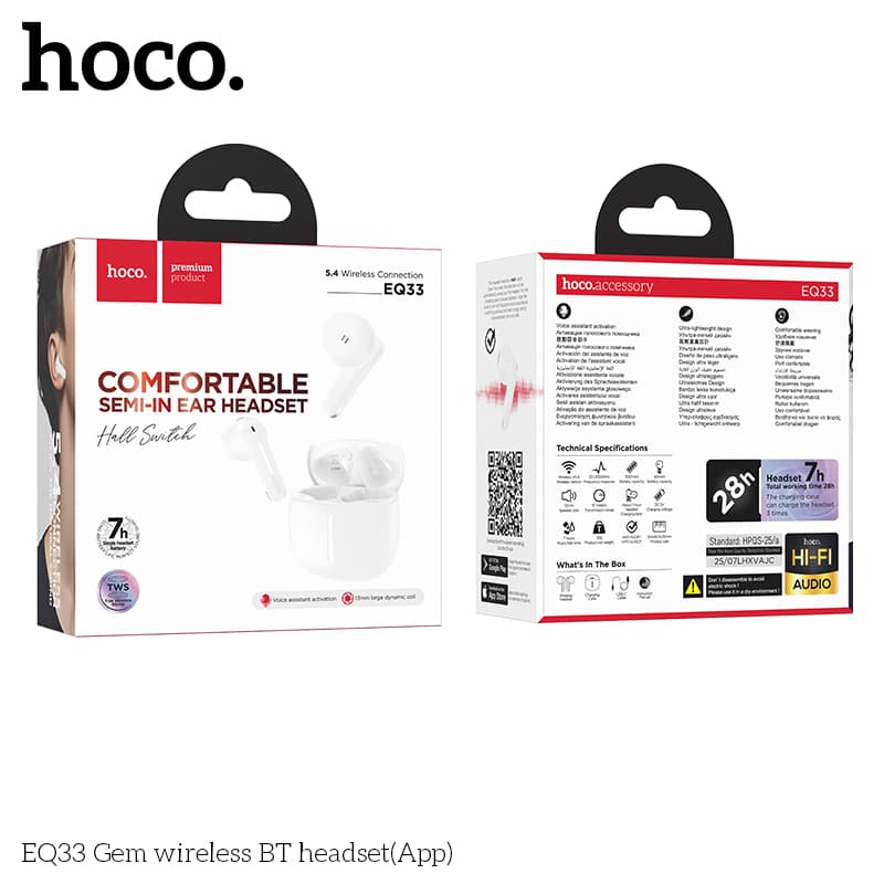 Hoco (EQ33) » Casti Wireless, BT 5.4, TWS, Multifunction, 40/300mAh, 7h | White 1