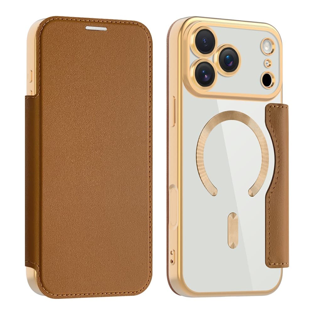 Husa MagFlip » iPhone 17 Pro, Magnet, RFID protect, Leather, Chrome Edge, Gold 1