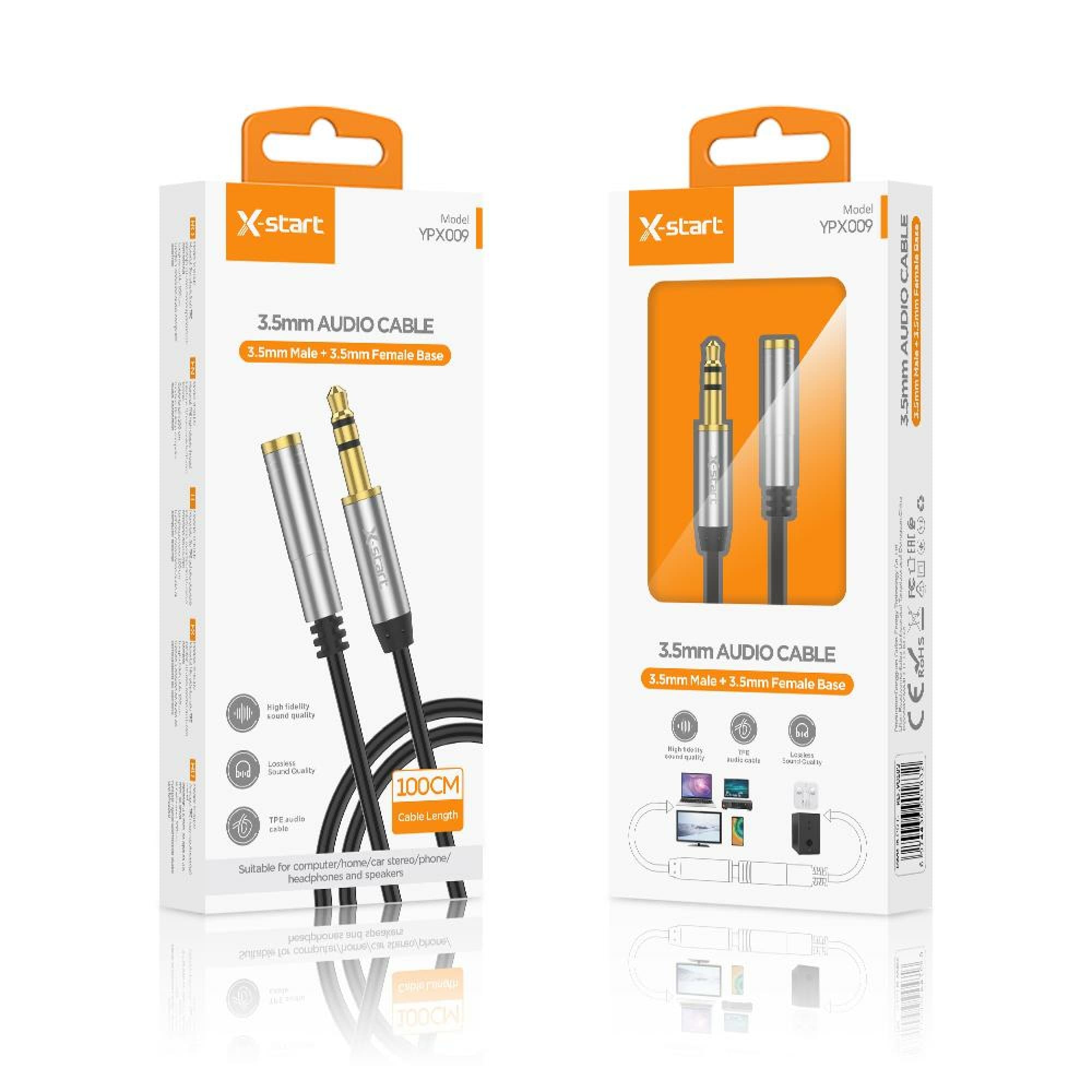 X-Start (YPX009) - Cablu Audio, Jack 3.5mm (M) la Jack 3.5mm (F), 1m, Metall, Black+Silver 1