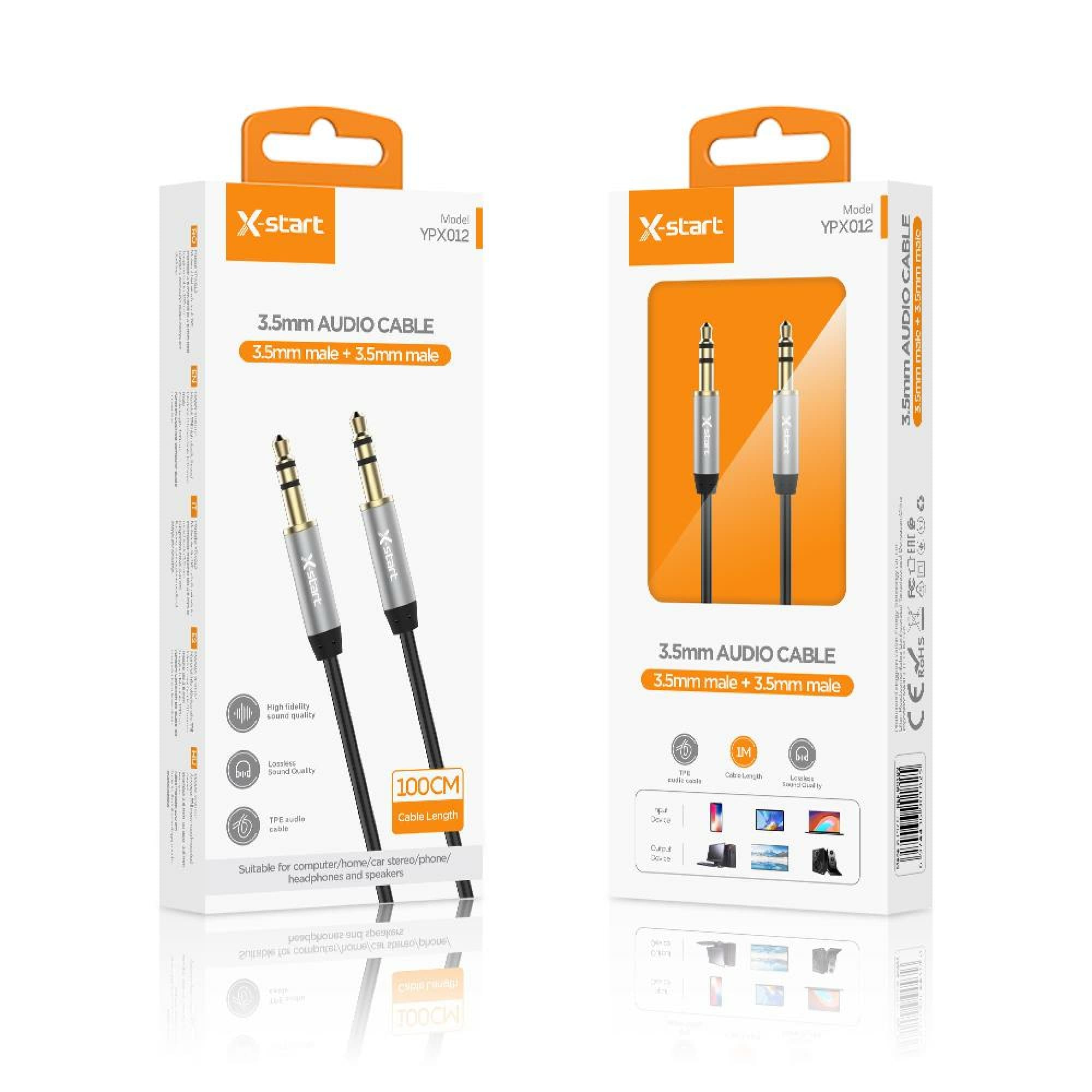 X-Start (YPX012) - Cablu Audio, Jack 3.5mm (M) la Jack 3.5mm (M), 1m, Metall, Black+Silver 1