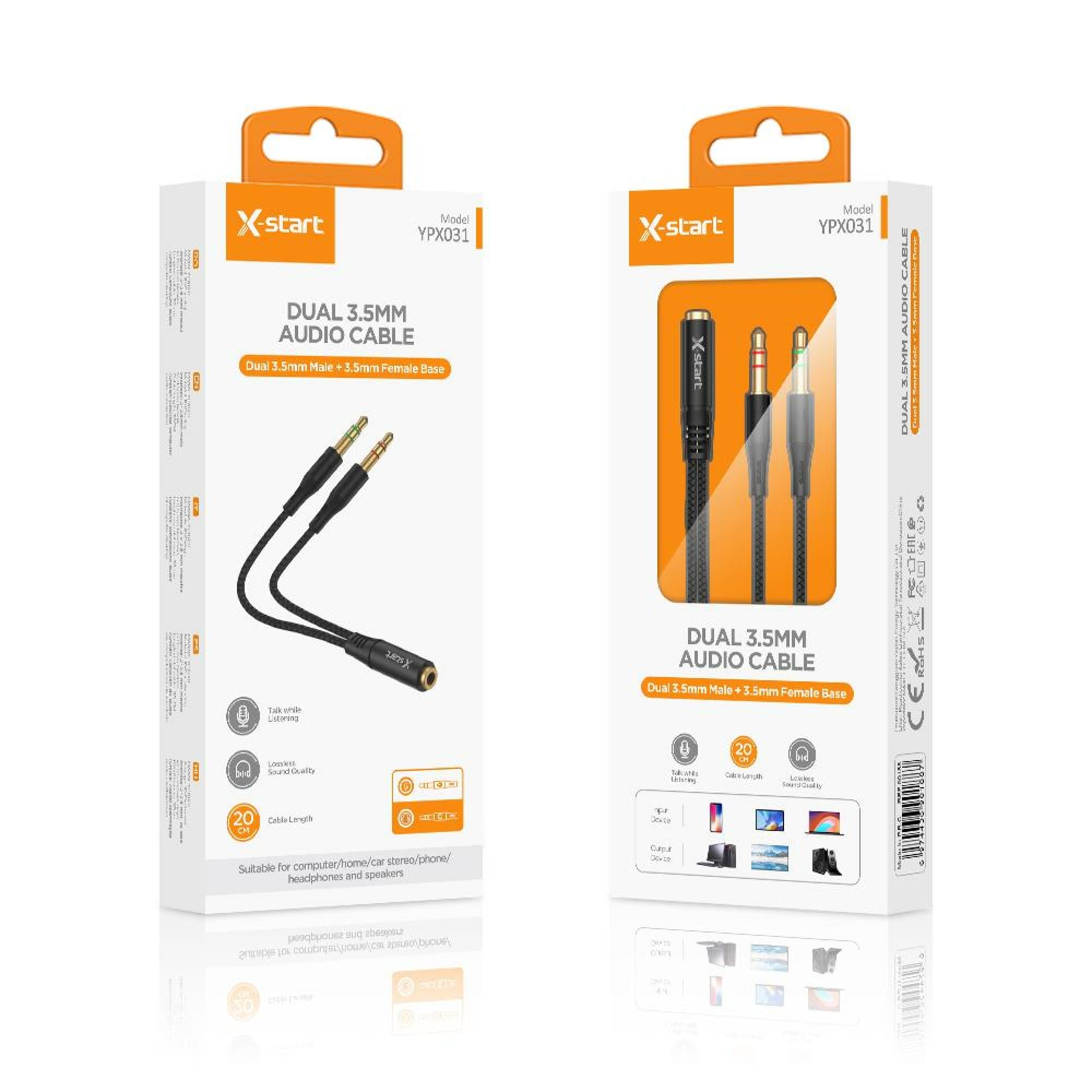 X-Start (YPX031) - Cablu Audio, Splitter, 2xJack 3.5mm (M) la Jack 3.5mm (M), 20cm, Black 1