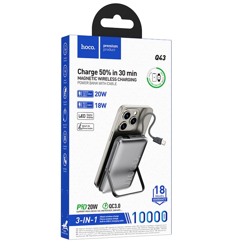 Hoco (Q43) -Baterie Externa,cu Cablu,si incarcator Watch , PD20W, 1xUSB-C (10000mAh), Metal Grey 1