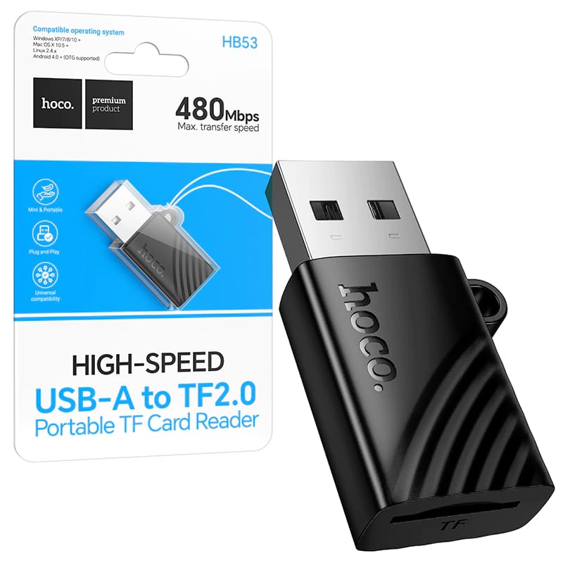 Hoco (HB53) - Cititor de carduri 2-in-1, SD/TF, cu conector USB-A, 480Mbps, Black 1
