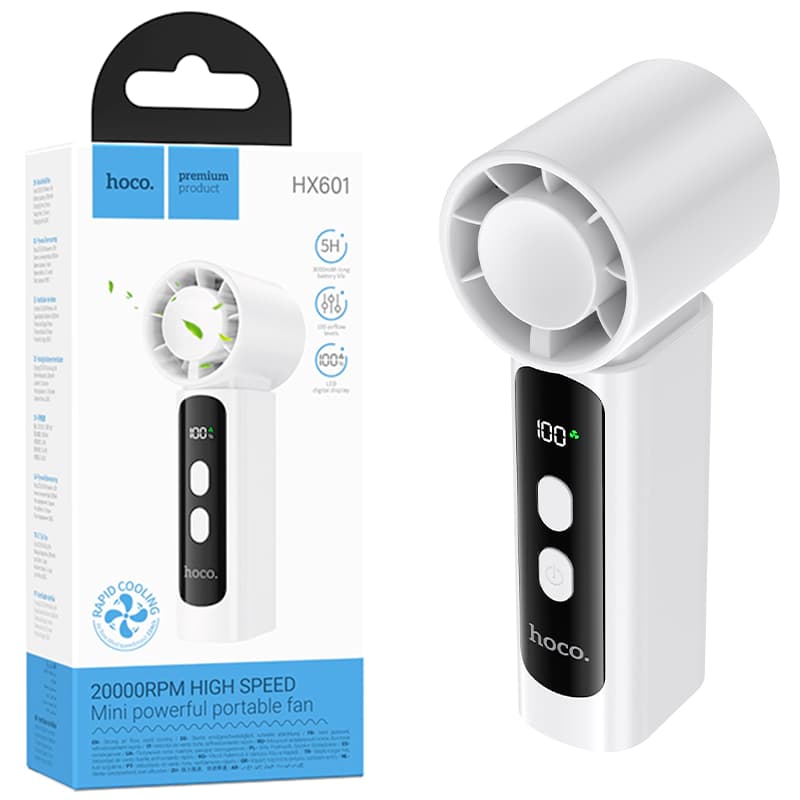 Hoco (HX601) - Ventilator portabil, x5 viteze, 1200mAh, 2.5h, Digital LED, White 1