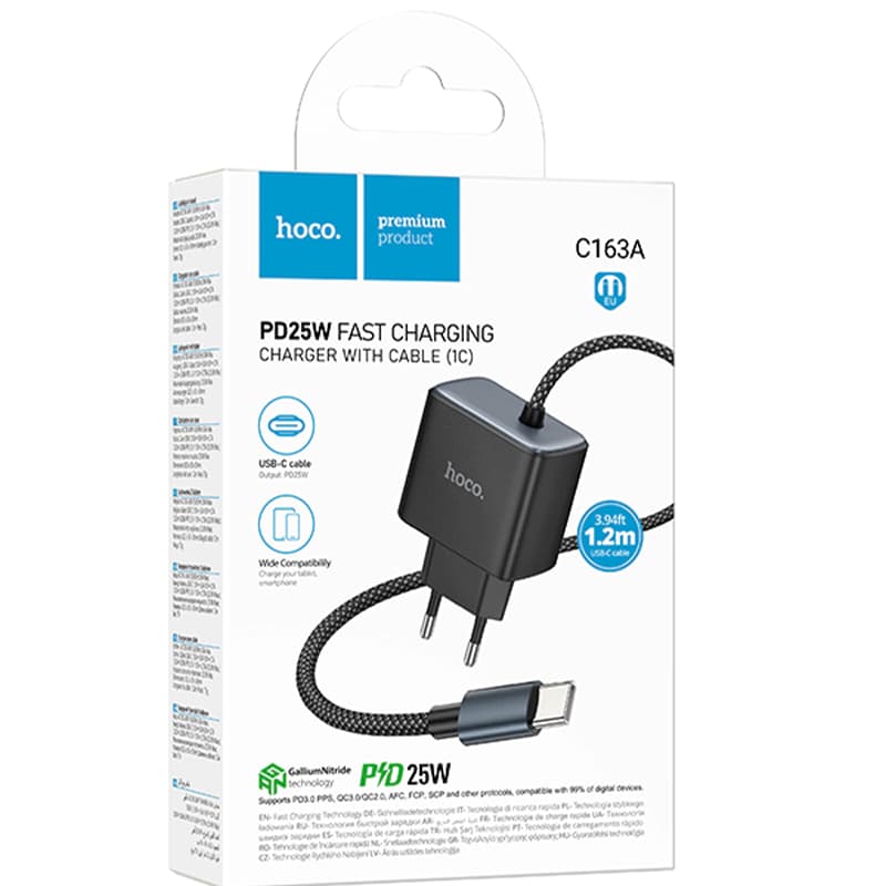 Hoco (C163A) - Incarcator Retea + Cablu USB-C, 25W, 1xUSB-C, QC 3.0, Black 1