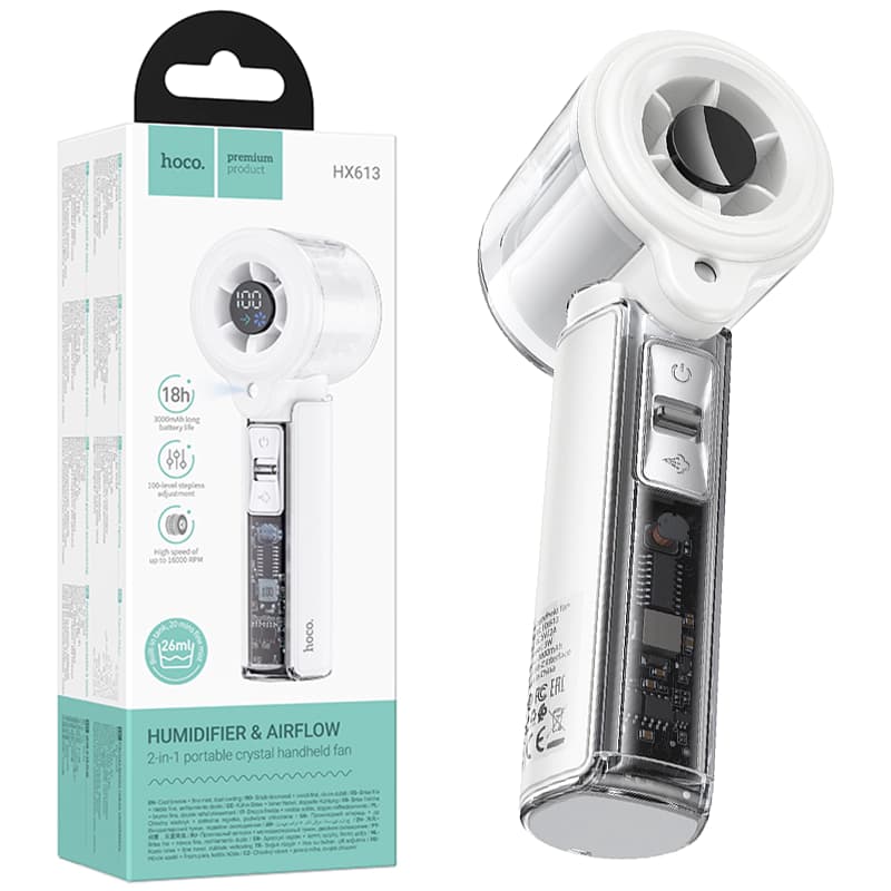 Hoco (HX613) - Ventilator portabil, x5 viteze, 1200mAh, 2.5h, cu Spary, Digital LED, White 1