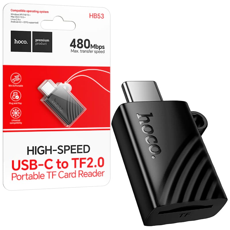 Hoco (HB53) - Cititor de carduri 2-in-1, SD/TF, cu conector USB-C, 480Mbps, Black 1