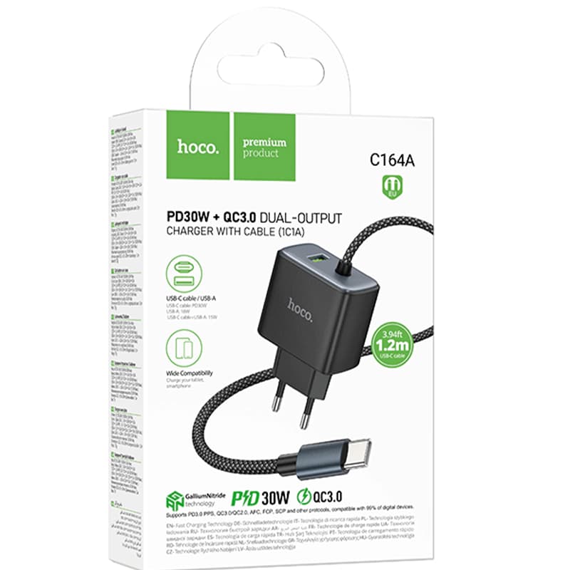 Hoco (C164A) - Incarcator Retea + Cablu USB-C, 30W, 1xUSB-C, QC 3.0, Black 1