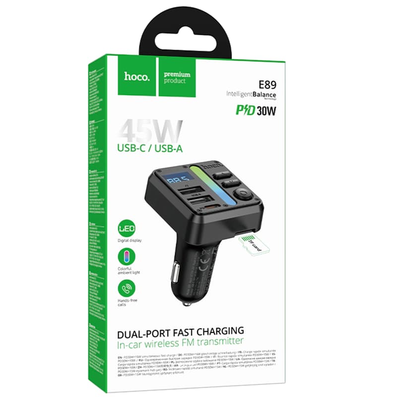 Hoco (E89) - Modulator FM, PD45W, 1xUSB-C, 1xUSB-A, Black 1