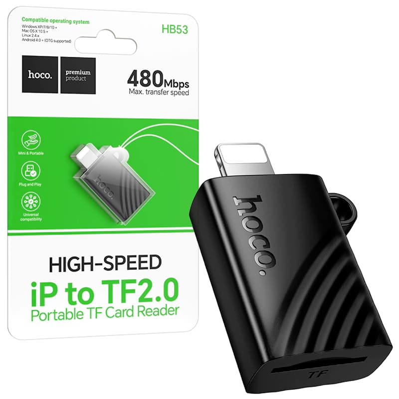 Hoco ( HB53) - Cititor de carduri 2-in-1, SD/TF, cu conector iPhone, 480Mbps, Black