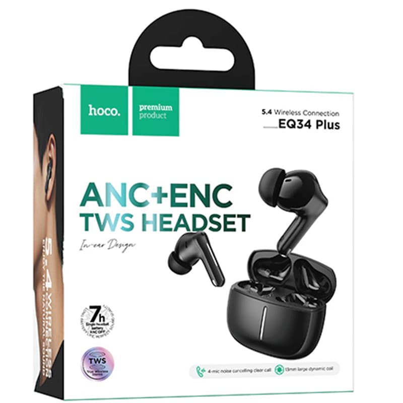 Hoco (EQ34 plus) - Casti Wireless, Ear Buds, BT 5.3, 180h StandBy, 320mAh, ANC, Glaze, Black 1