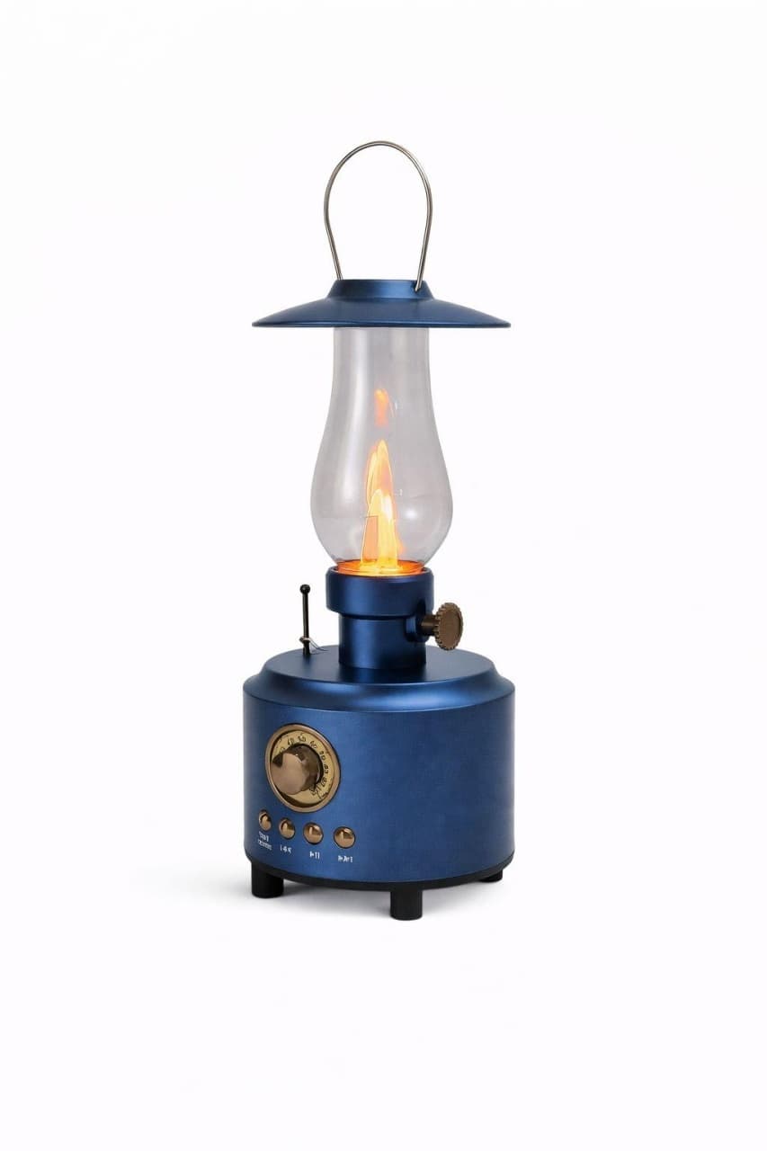 Felinar LED vintage cu efect flacara realist, boxa wireless, USB si TF, decor ambient si camping, albastru