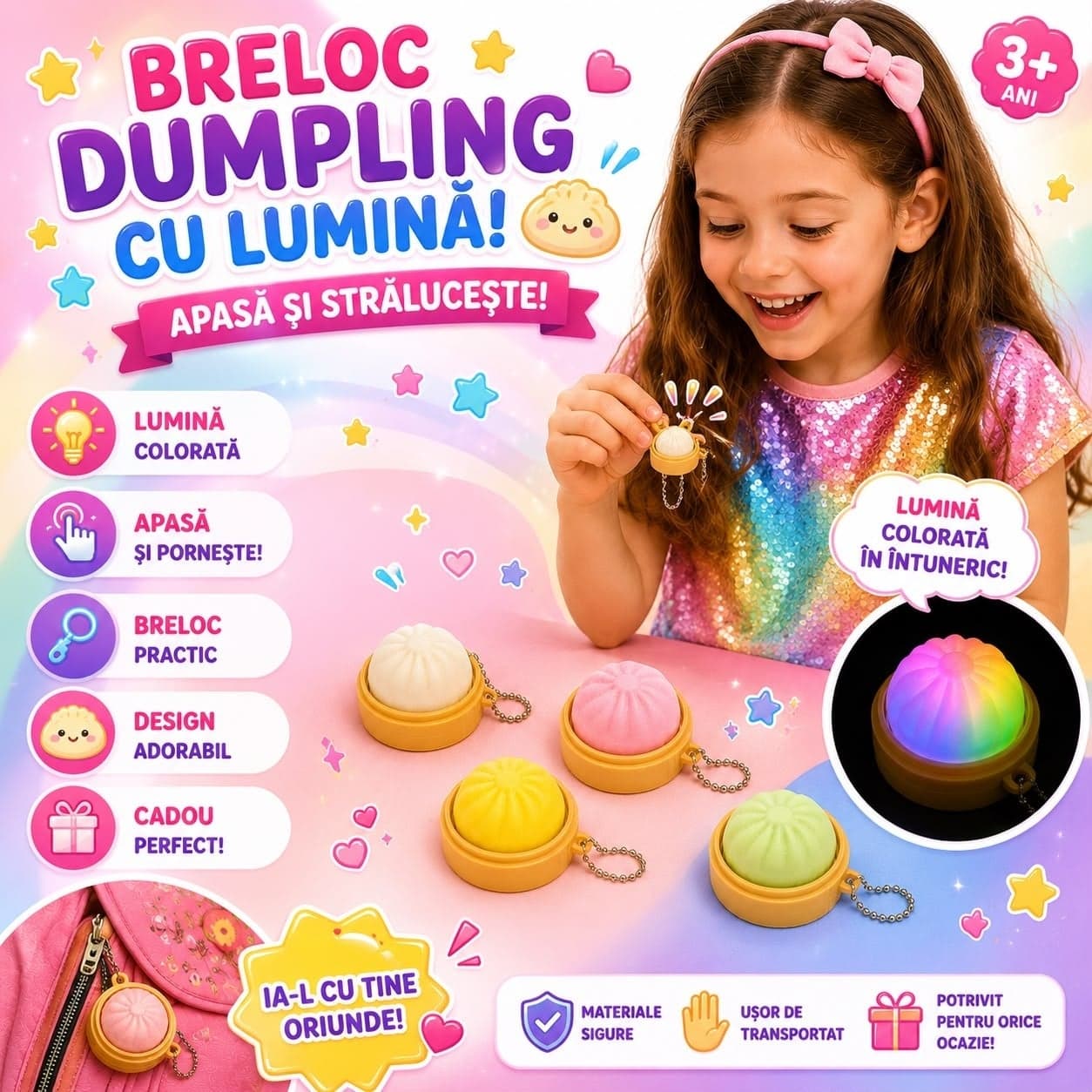 Breloc Dumpling Pop It cu Lumini LED – Jucărie Antistres Tip Squishy, Breloc pentru Ghiozdan